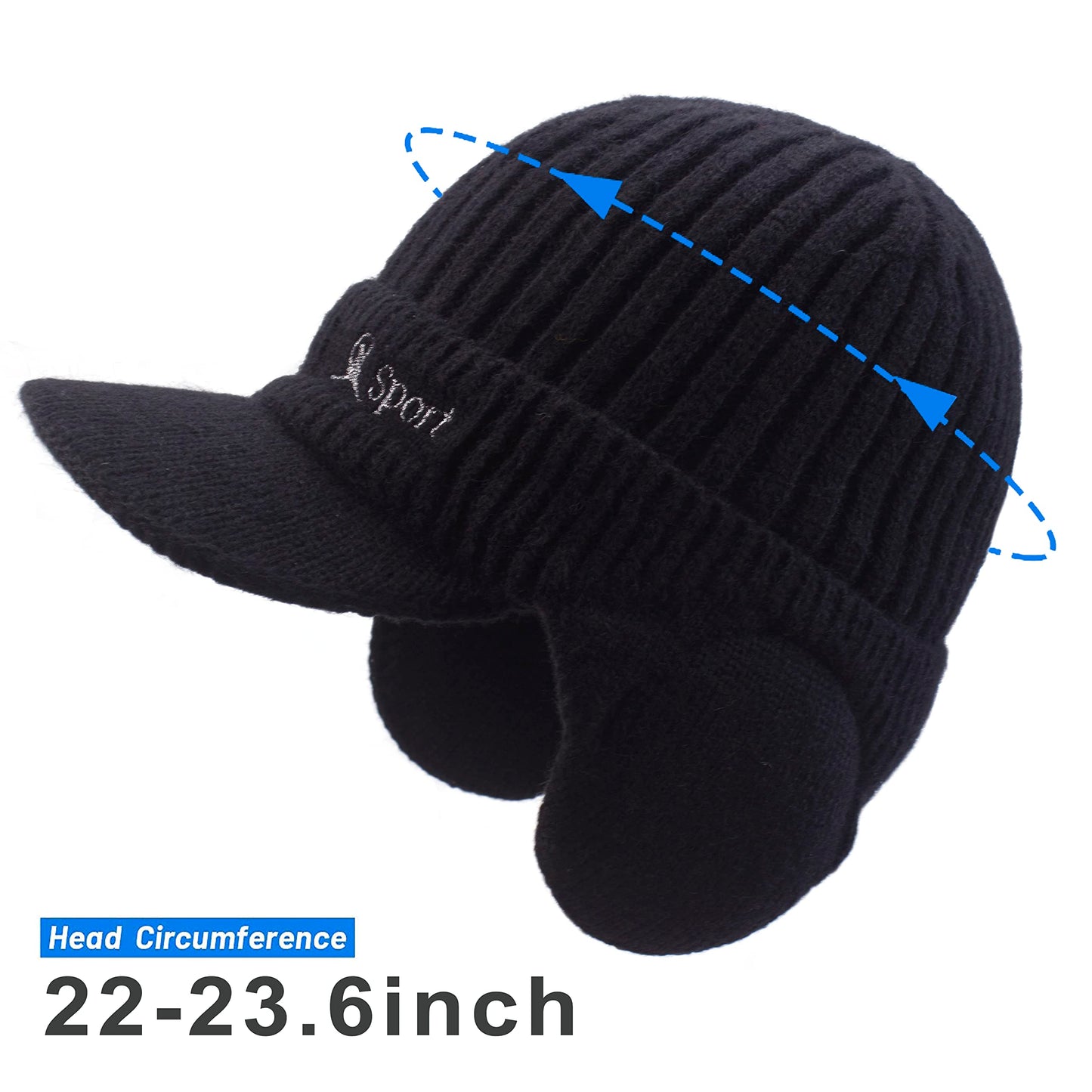 Muryobao Men Winter Beanie Hat Soft Fleece Lined Cuff Knit Hats with Visor Warm Earflaps Newsboy Skull Ski Cap Black