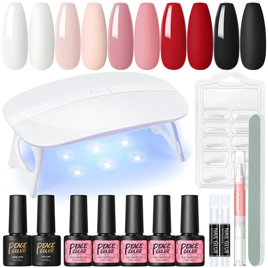 Gel Nail Polish Kit with U V Light 5 Colors Pink Red Nude Black White Gel Polish Kit Base Top Coat Nail Tips Nail Art Stickers Manicure Starter Kit Gifts for Women Salon DIY
