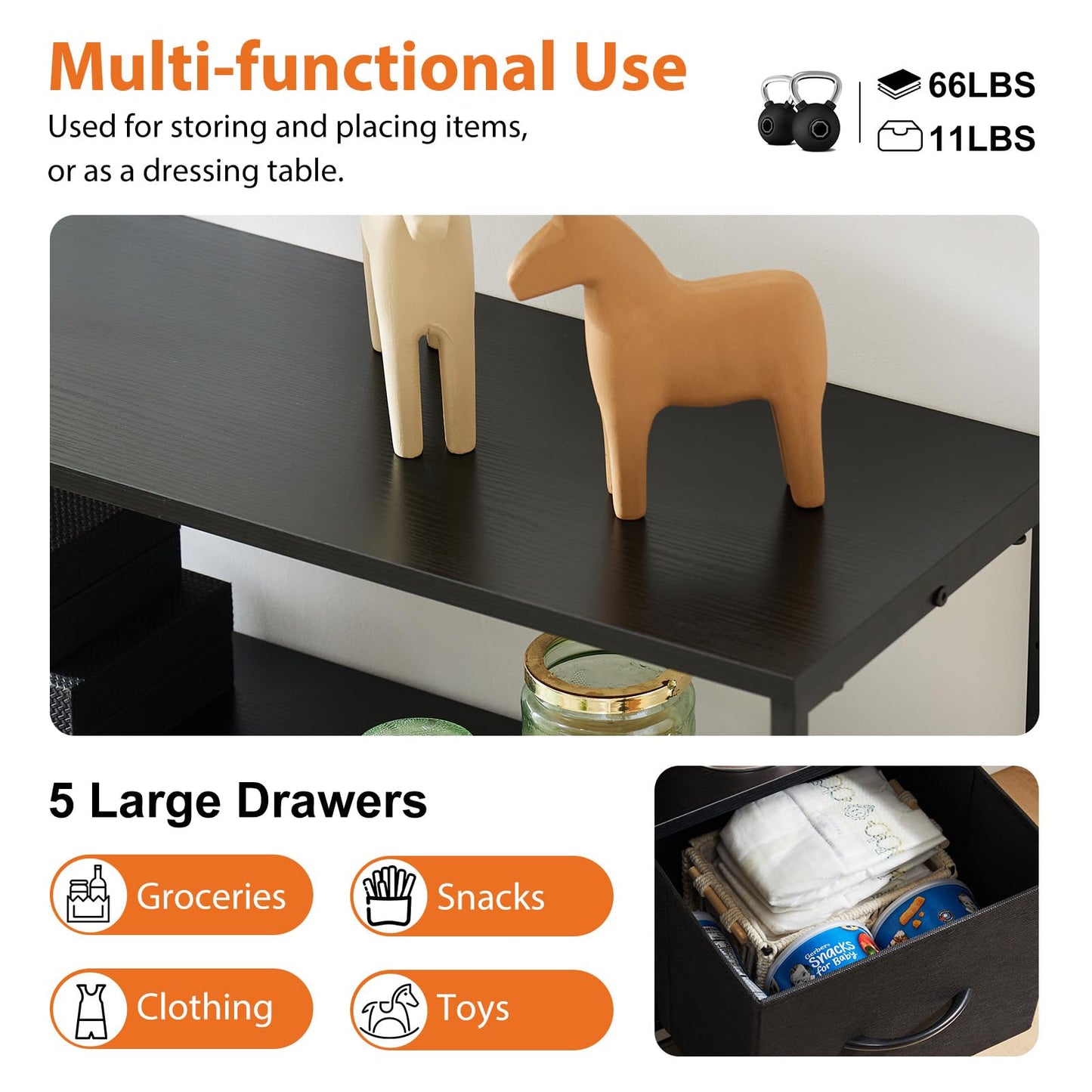 Sweetcrispy 5 Fabric Drawer Dresser TV Stand for Bedroom, Entertainment Center for 45 Inch TV with Storage Drawer Unit, Open Shelf, Adjustable Feet, Living Room, Black