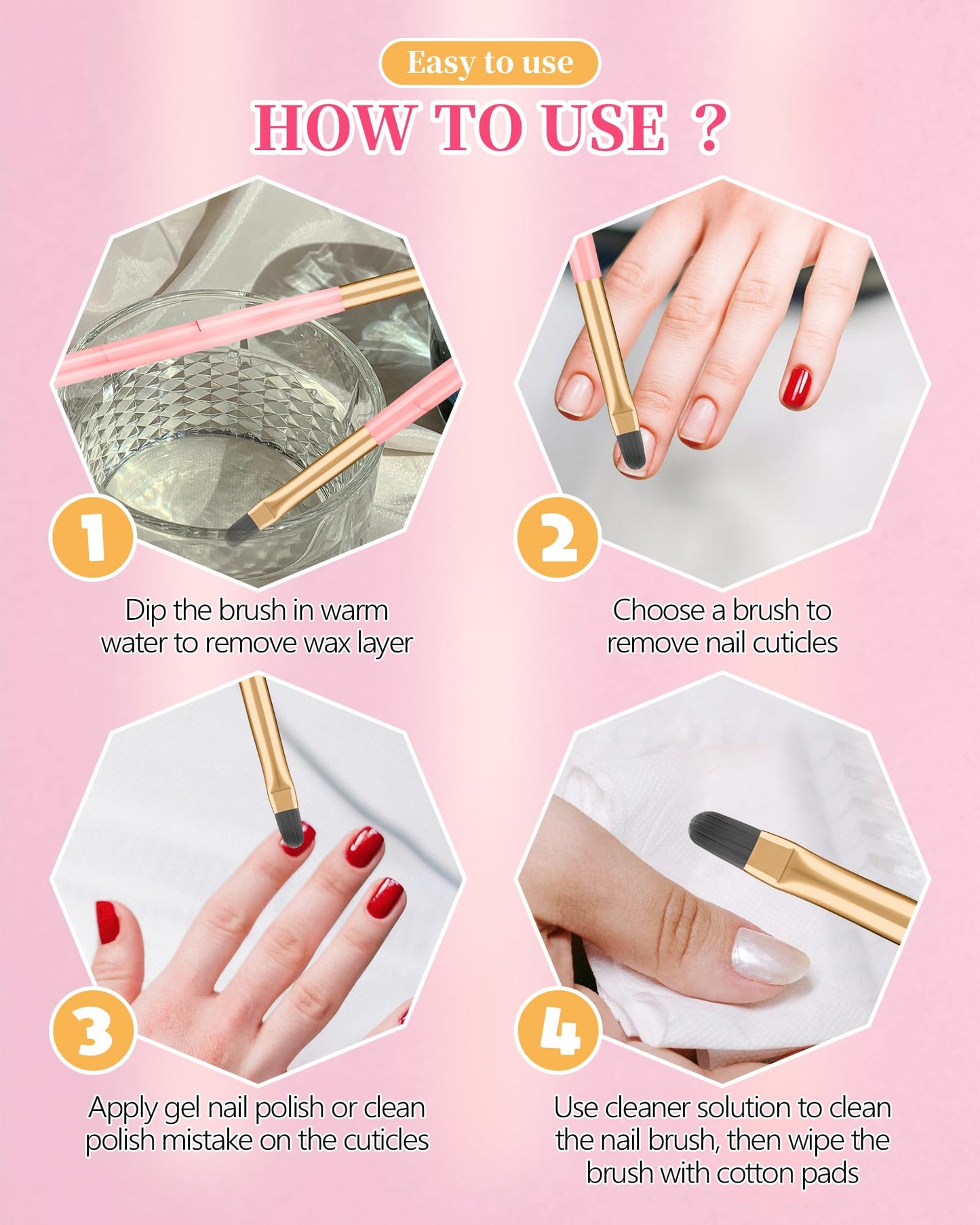 3PCS Nail Polish Clean Up Brush, Round&Falt&Angled Acetone Resistant Nail Brush for OPI Nail Polish Remover, Fingernail Cleaning Brushes at Home Nail Art and Designs(Emerald Pink)