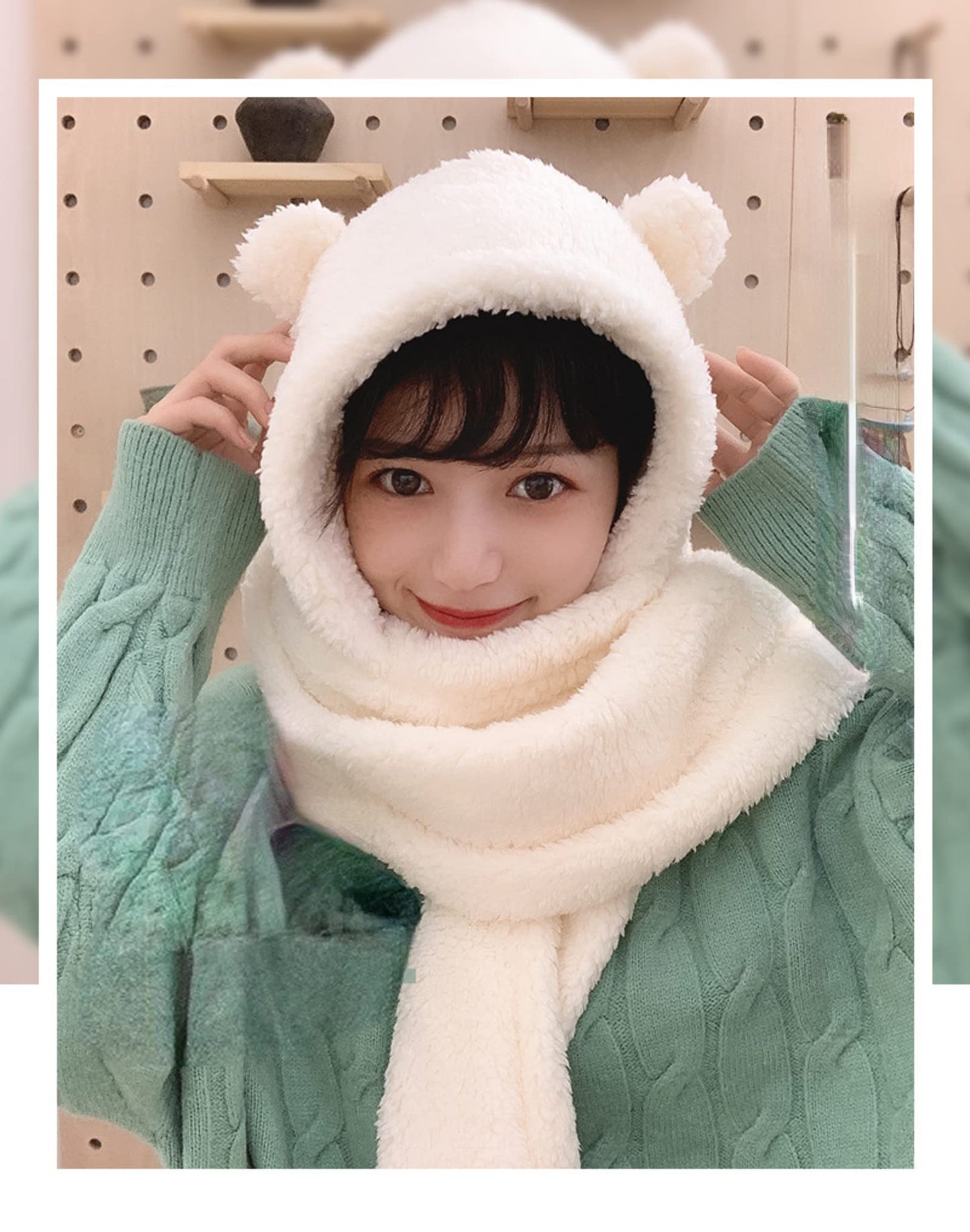 Women Kawaii Bear Ear Beanie Hat Scarf 2 in 1 - Cute Winter Warm Sherpa Thicken Fleece Fuzzy Japanese Fluffy Knit Hat Cap (White)