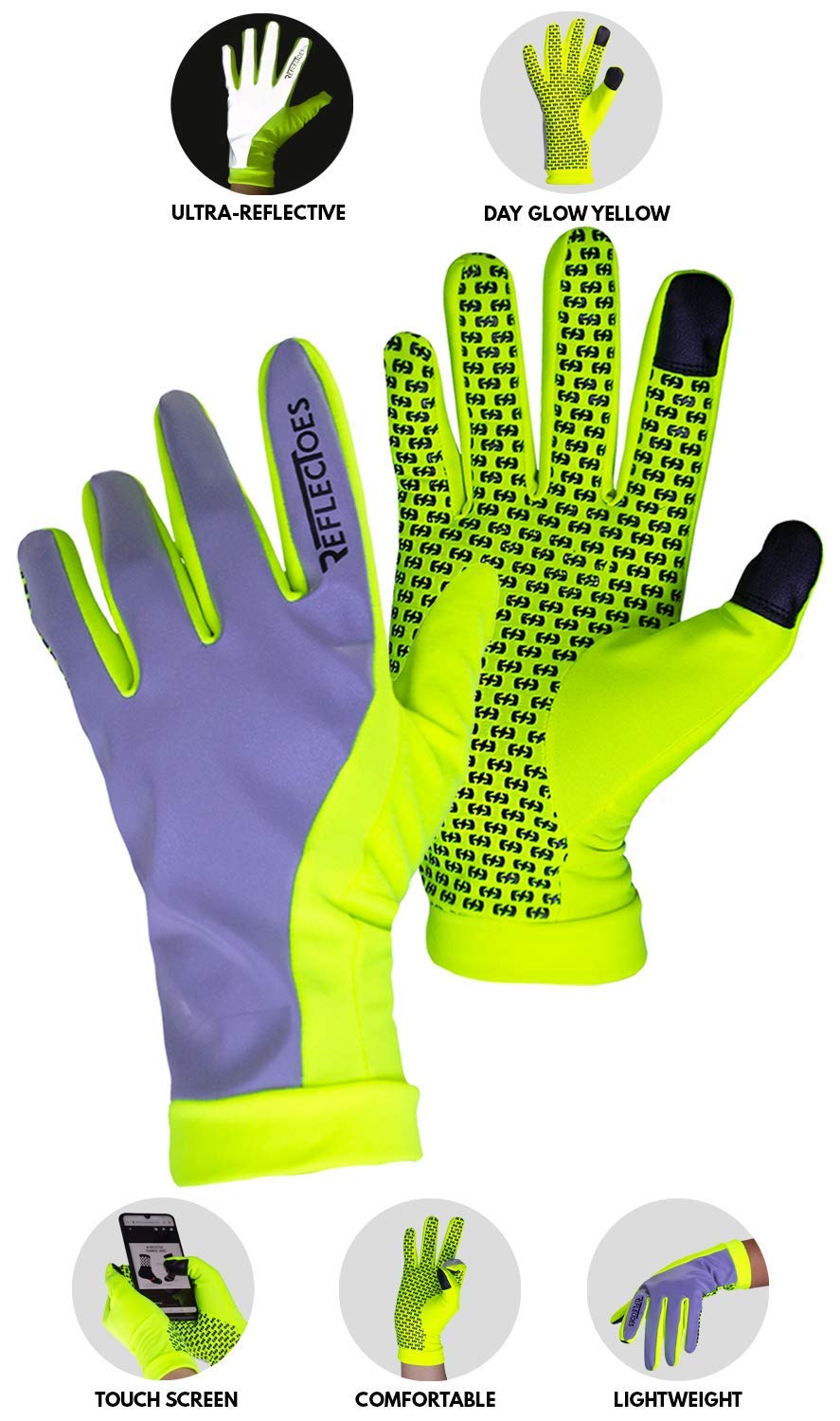 ReflecToes Reflective Running Gloves - Touchscreen - Lightweight Hi Vis Winter Running Gear for Cold Weather Jogging At Night (M)