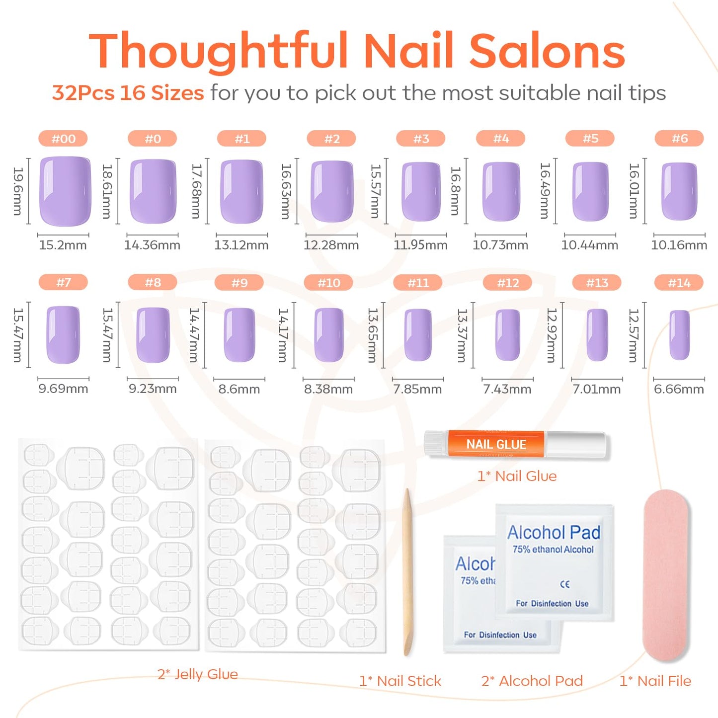 Modelones Purple Press on Nails, Spring Easter Short Square Fake Nails, Reusable Nail Kit with Nail Glue Adhesive Tabs Mini Nail File, Nails Press Ons 32Pcs 16 Sizes, Women Girl Gift