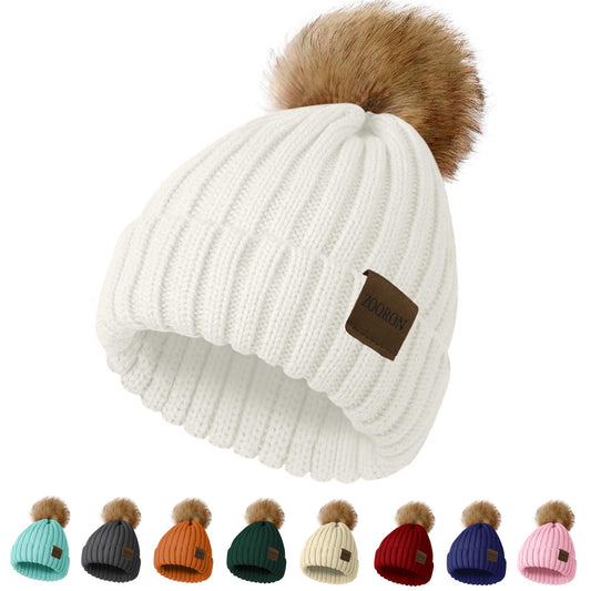 ZOORON Womens Winter Knitted Beanie Hat with Faux Fur Pom Beanie Warm Knit Skull Cap Beanie for Women White