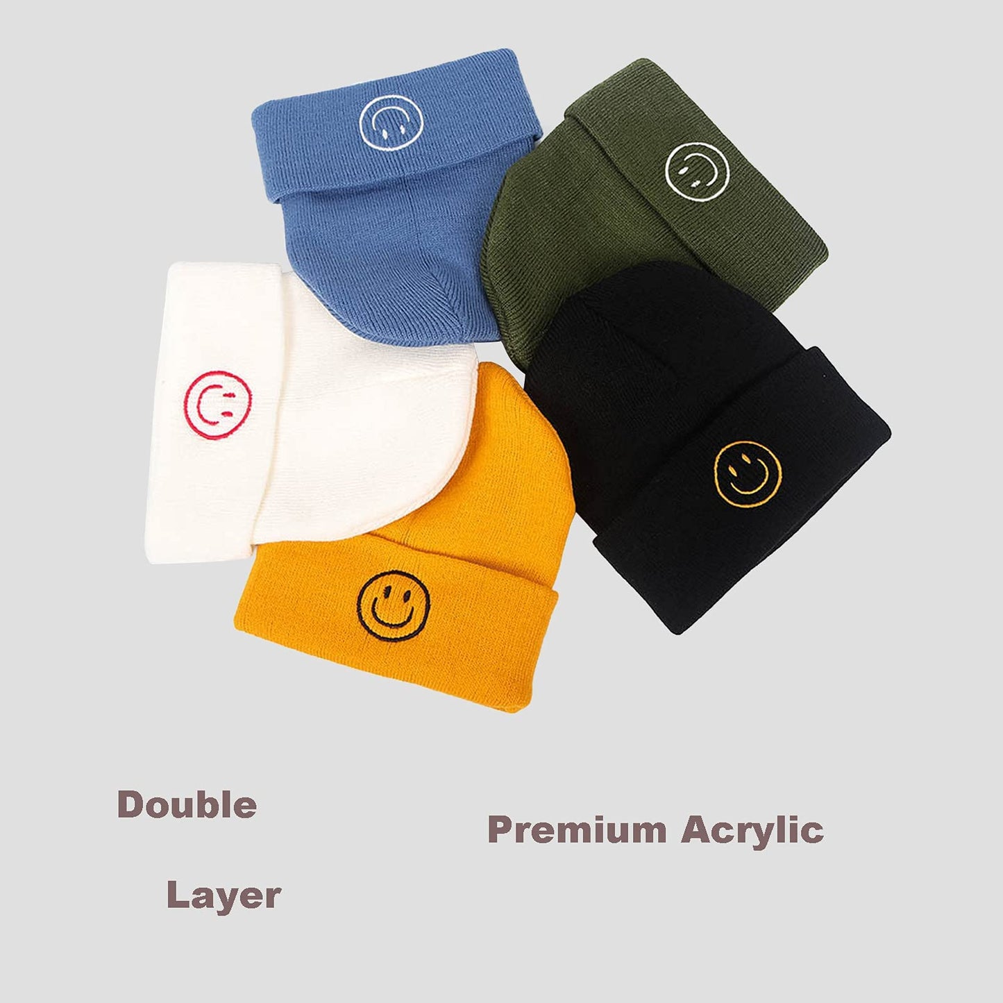 AJG Beanie Hats for Men,Unisex Smile Face Embroidered Acrylic Soft Warm Winter Cuffed Knit Hats for Women (1-Black)