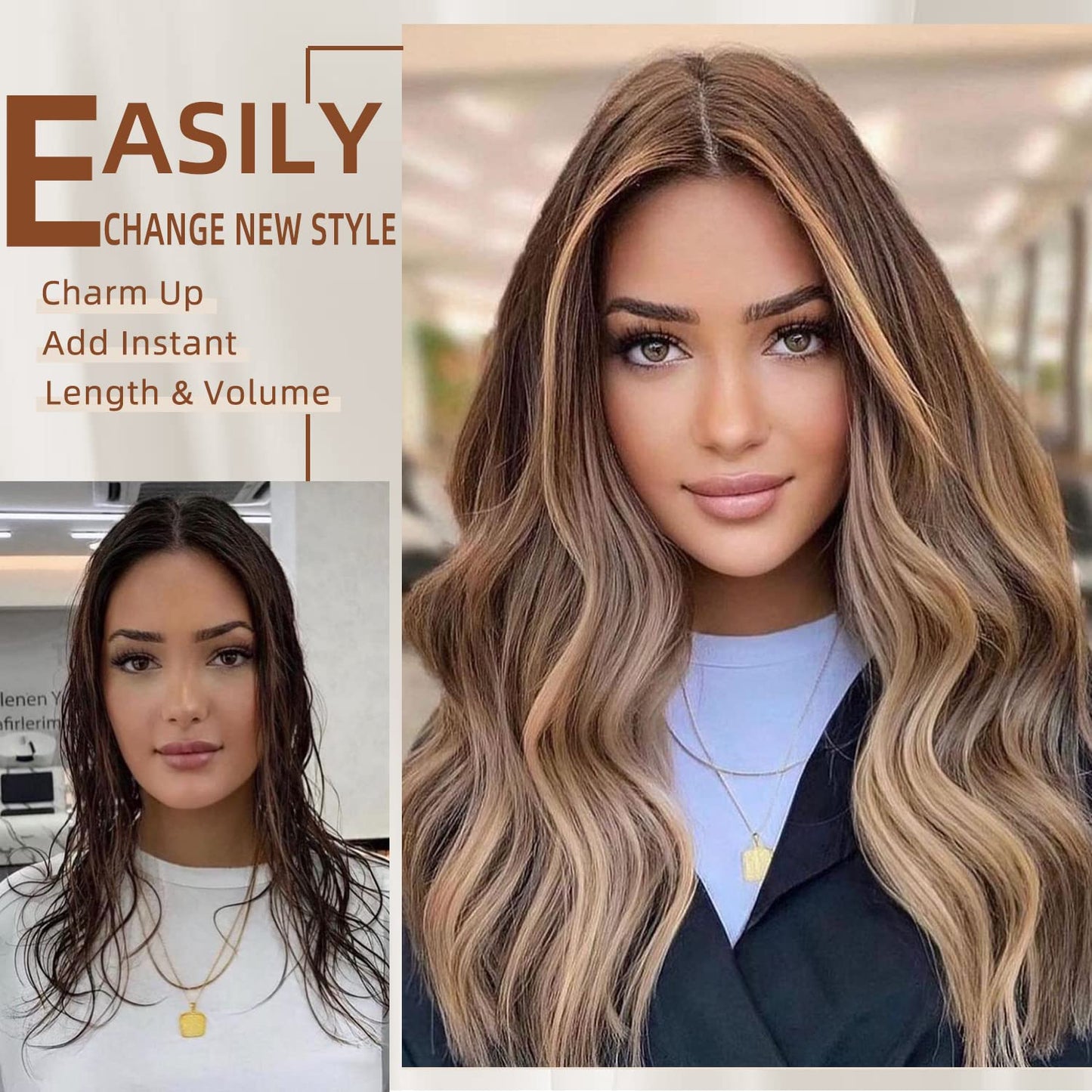 Fliace Clip in Hair Extensions, 6 PCS Natural & Soft Hair & Blends Well Hair Extensions, Lonng Wavy Hairpieces(20inch, 6pcs,Biscuit Brown)