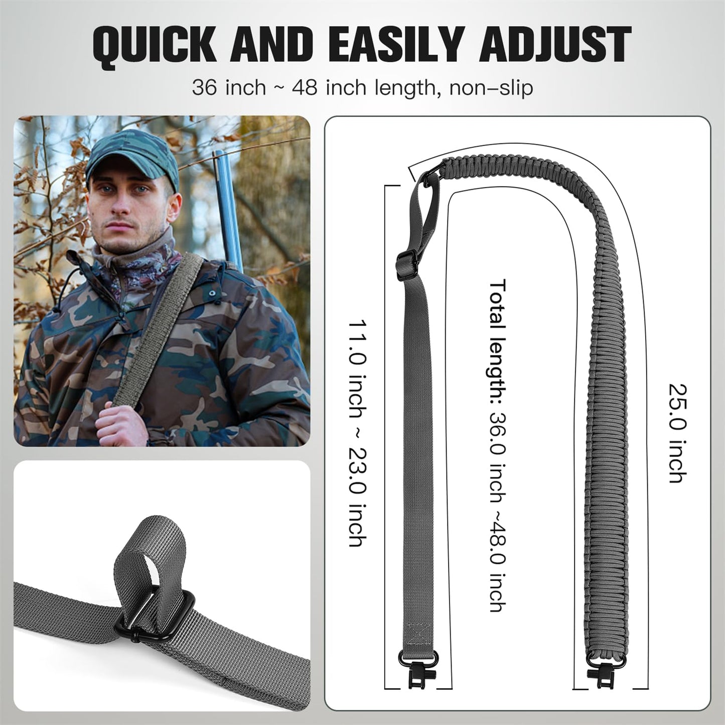 VVAAGG Two-Point Paracord Rifle Sling with Swivels, Non-Slip 2 Point Gun Sling with Quick Adjustable Length Shotgun Strap