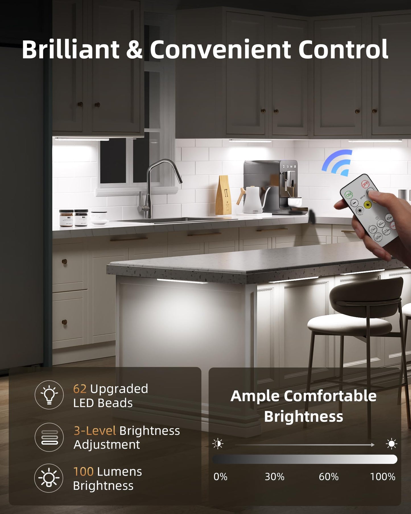 EZVALO 62 LEDs Under Cabinet Lighting, 2000mAh LED Closet Lights with Remote 3 Color Temps, Rechargeable Motion Sensor Lights Indoor Battery Operated, Wireless Under Counter Lights for Kitchen 3 Pack