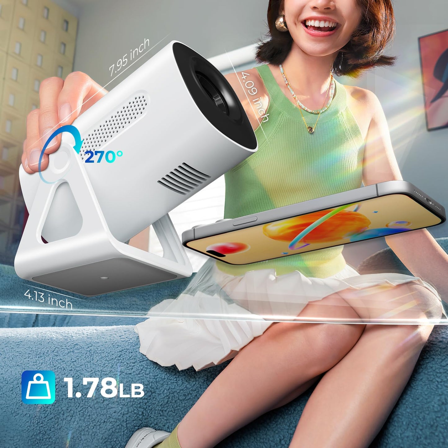 TransarJect Portable WiFi and Bluetooth Projector - 4K 1080P Supported Mini Movie Projector, 270°Adjustable Stand Outdoor Home Theater Star Projector with Ambient Light for Phone TV Stick Laptop