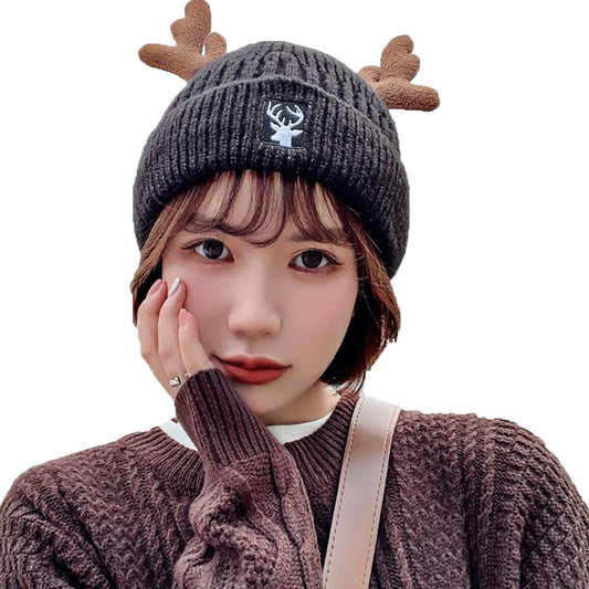 HMTRADE Christmas Knitted Antler Hat,Cute Reindeer Antlers Knitted Hat,Crochet Knit Cap for Adults,Winter Warm Beanie Cap Black