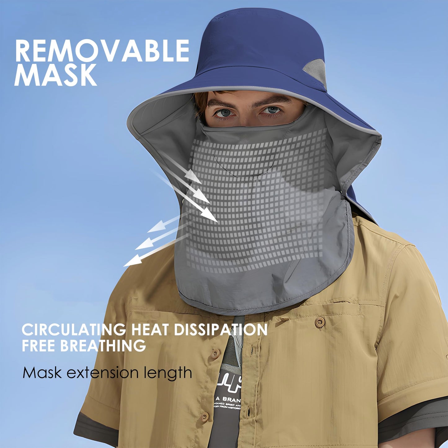 Outdoor Sun Hat Detachable Neck Face Flap UPF 50+UV Protection Visor Fishing Hats with Neck Flap for Men & Women Navy