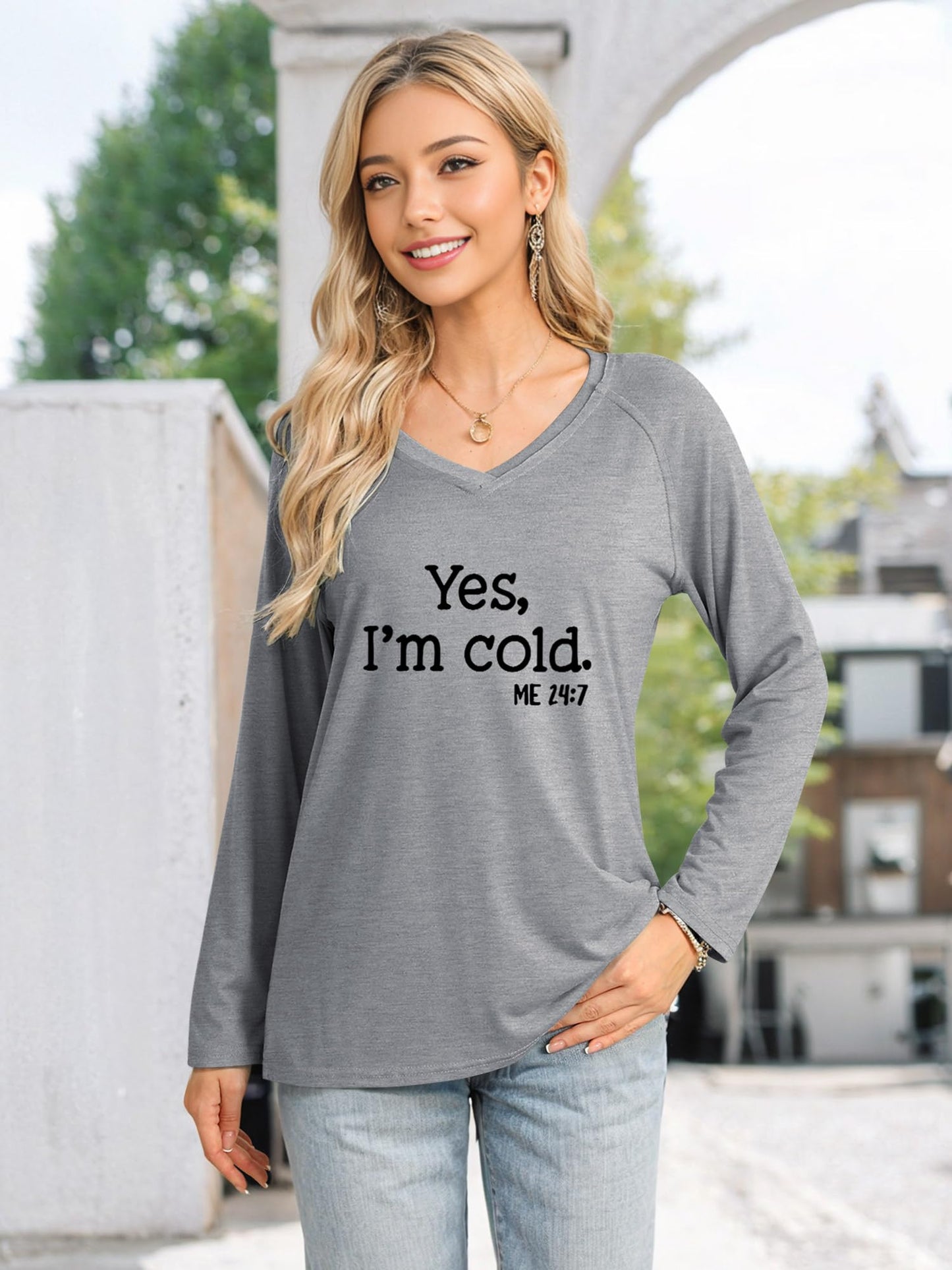 Womens Yes I'm Cold Sweatshirt V Neck Long Sleeve Shirts Casual Loose Graphic Sweatshirts Grey L