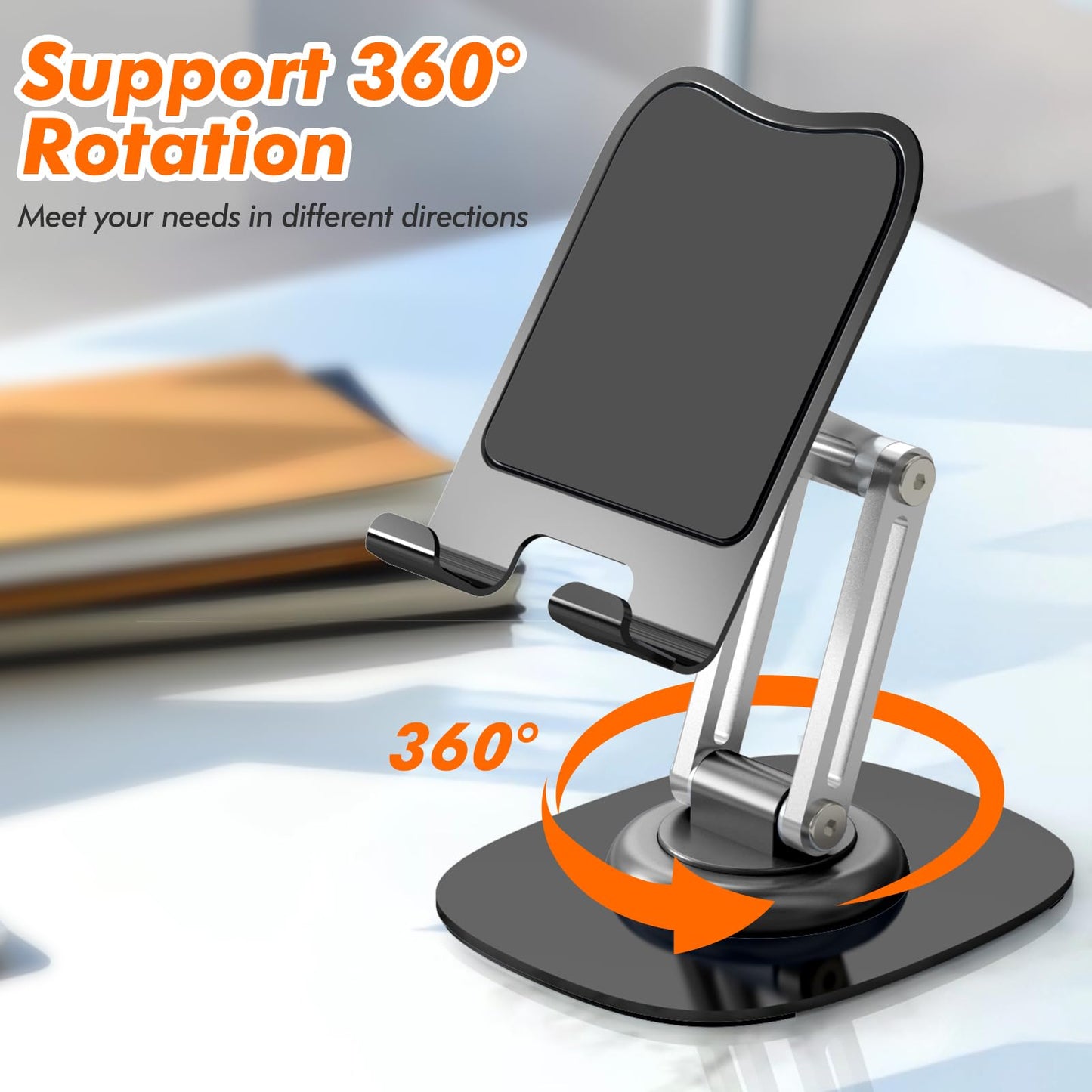 ZTGYGY Cell Phone Stand for Desk, Adjustable Foldable Desktop Phone Holder, 360 Degree Rotating Phone Stand for Recording Compatible with iPhone 16 15 14 13 12 11 Pro, Black