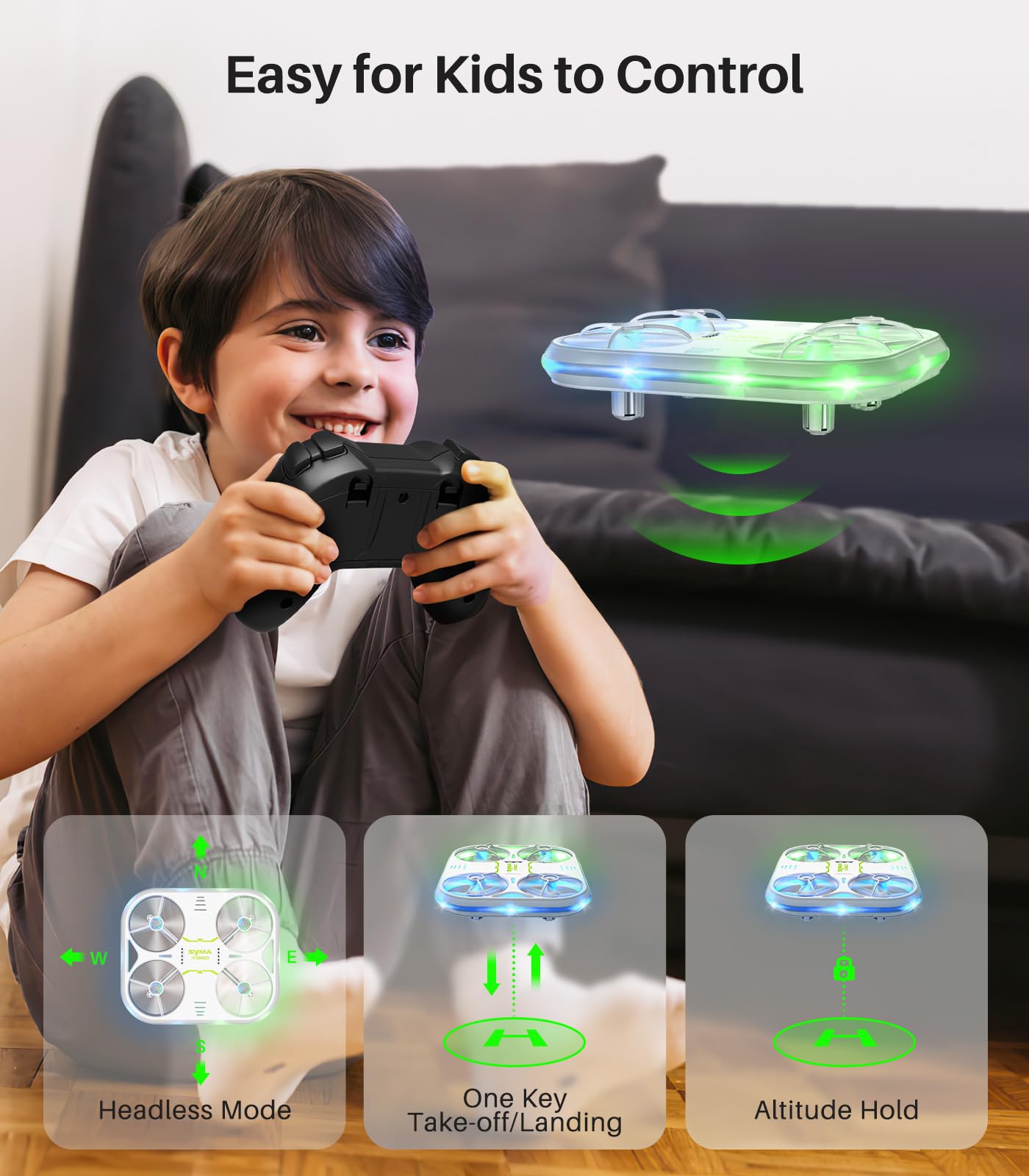 SYMA Kids Drone with LED Lights - X880 Indoor Drone with Altitude Hold, Easy to Fly Quadcopter with Full Protection, 360° Flips RC Helicopter UFO Gift for Adults Beginners