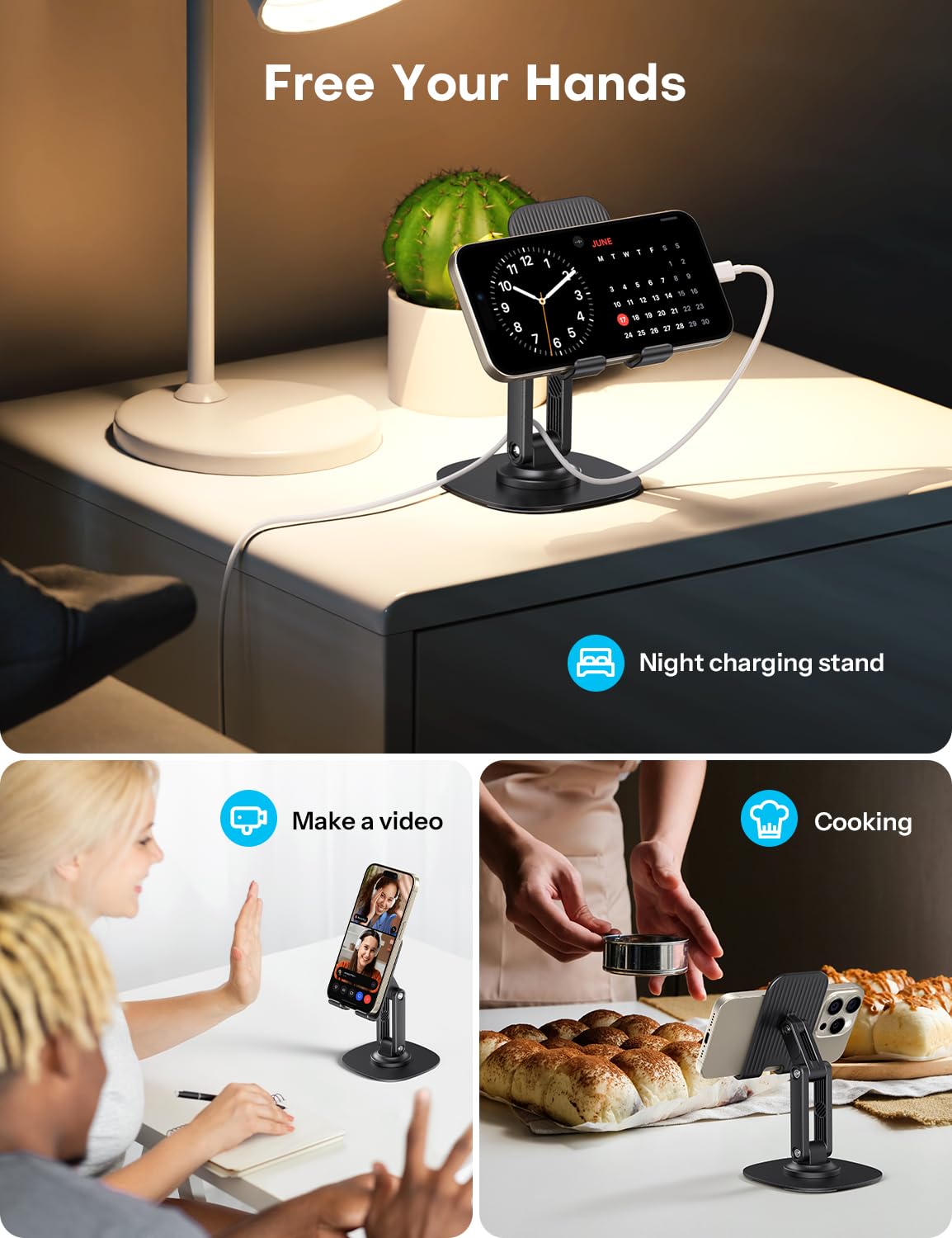 OMOTON Cell Phone Stand for Desk, 2 Pack Adjustable Foldable Phone Holder, 360 Swivel Mobile Stand Fit for iPhone 16 15 14 13 12 Pro Max and All Smart Phones, Black & White