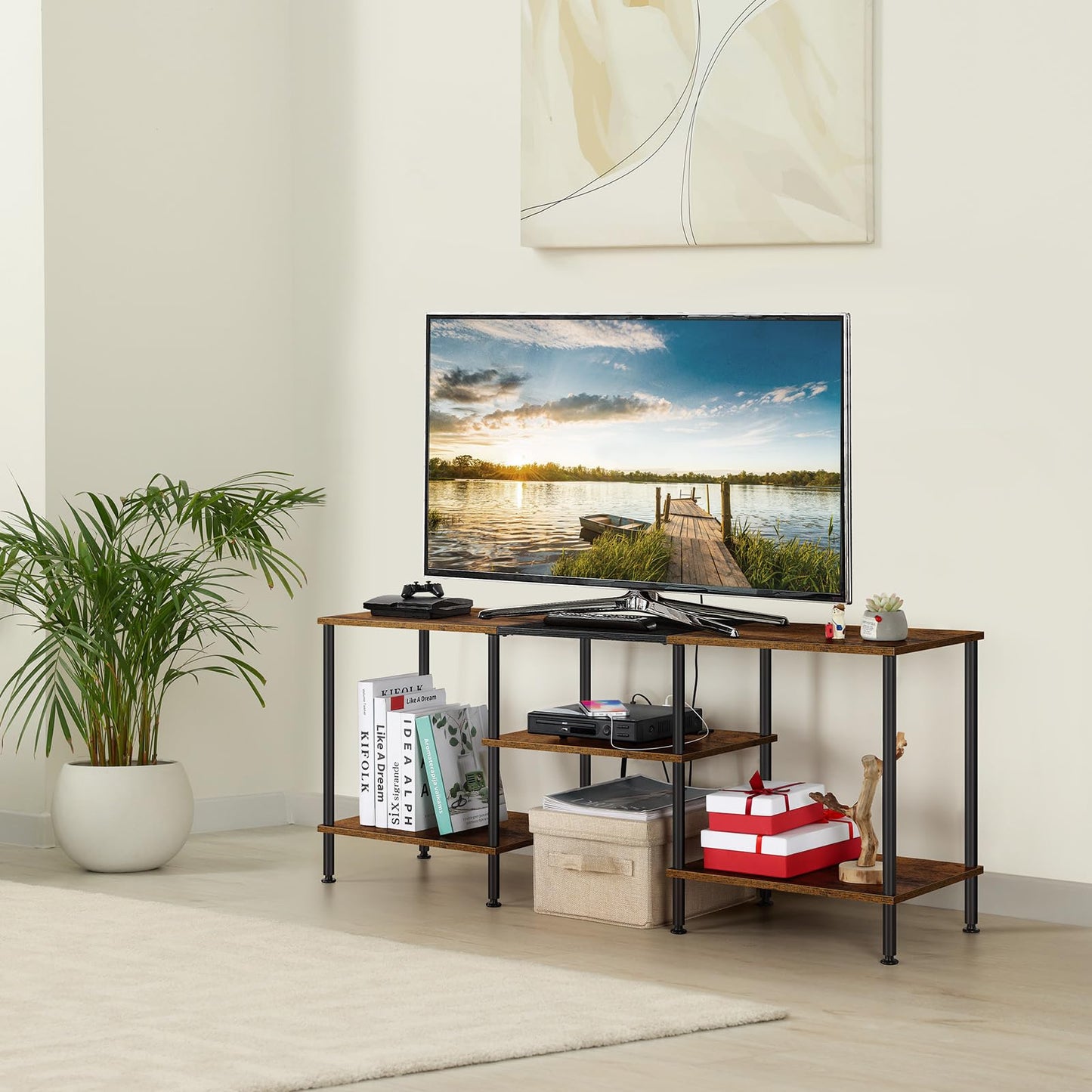 TV Stand for Bedroom 50 Inch TV Stand with Power Outlet 3 Tier Entertainment Center with Storage TV Console Table for 50 43 40 32 Inch TV, Rustic Brown