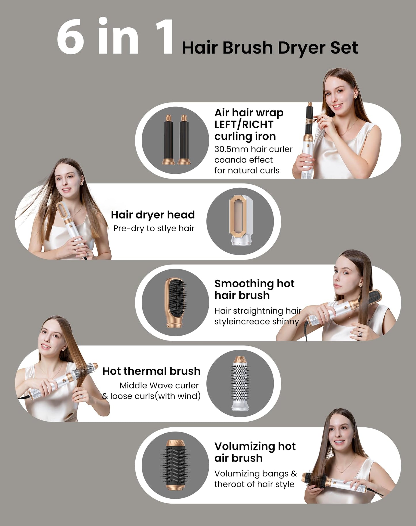 Ukliss 6 in 1 Blow Dryer Brush,Hair Dryer Brush with Ionic Technology, Multifunctional Styler Styling Tools, Auto Air Curler for Hair, Fast Styling for Most Hair Types, Safe ALCI Plug (White Gold)
