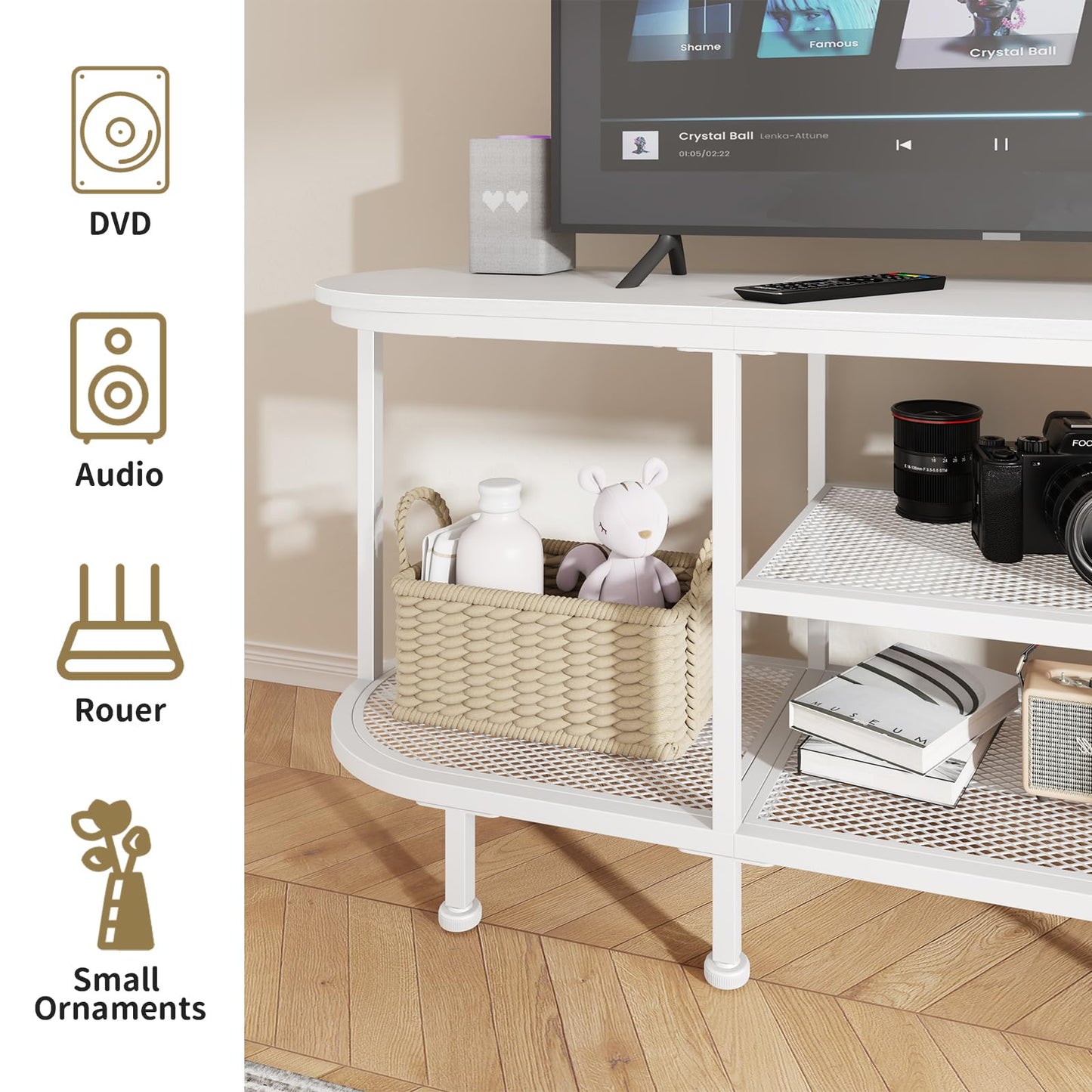 Leadpro TV Stand for Entertainment Center - TV Stands Table for Living Room - Small TV Console Table for Bedroom - Metal Television Stand with Storage Shelf - White