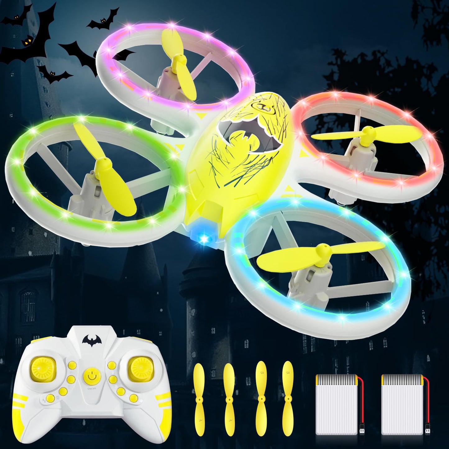 Drones for Kids - Easy to Use RC Quadcopter with Bat Design, Altitude Hold, Headless Mode, Blue & Green Lights, Propeller Protection, 2 Batteries, Remote - Great Gifts for Boys Age 6-12 Christmas gift