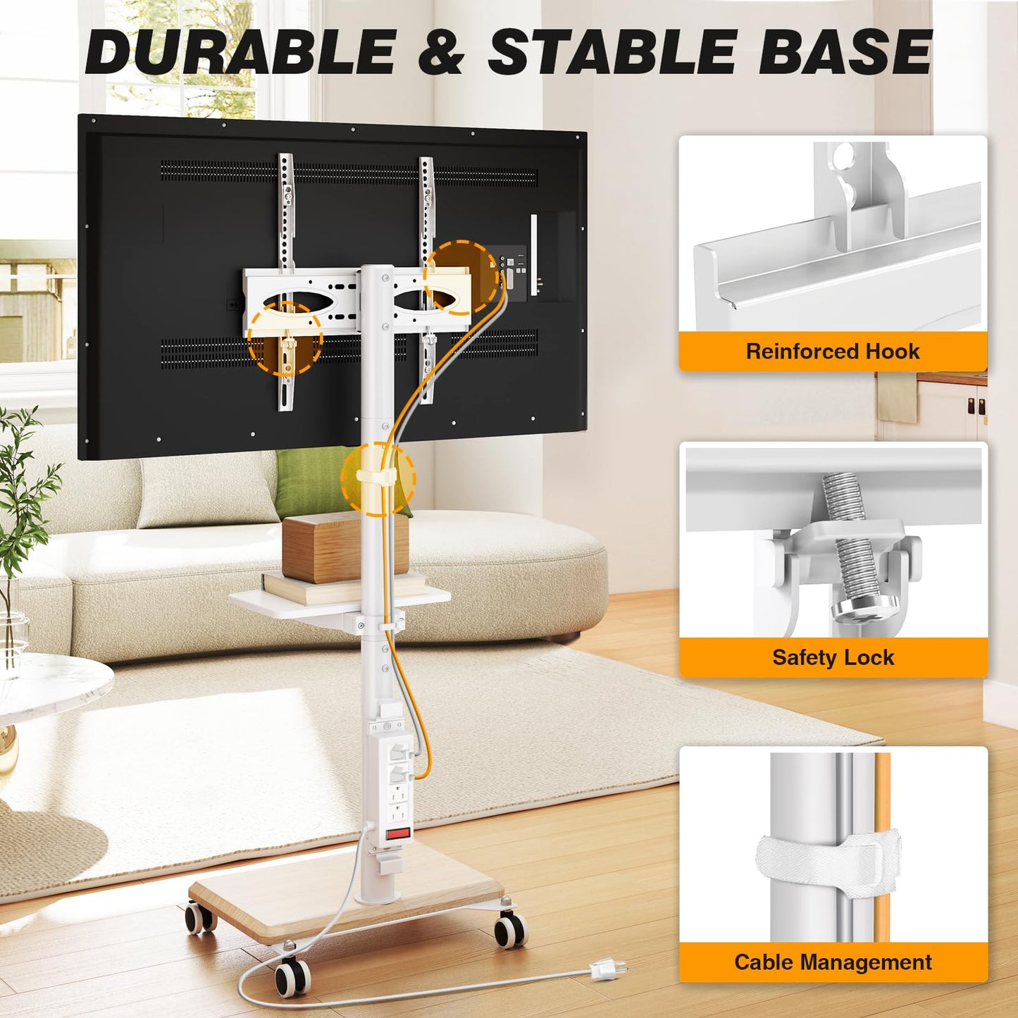 5Rcom Rolling TV Stand with Power Outlet for 32-60 inch TVs, Swivel and Height Adjustable Mobile TV Stand with Shelf, Strong TV Cart on Wheels up to 88 lbs for Living Room, Bedroom and Office, White