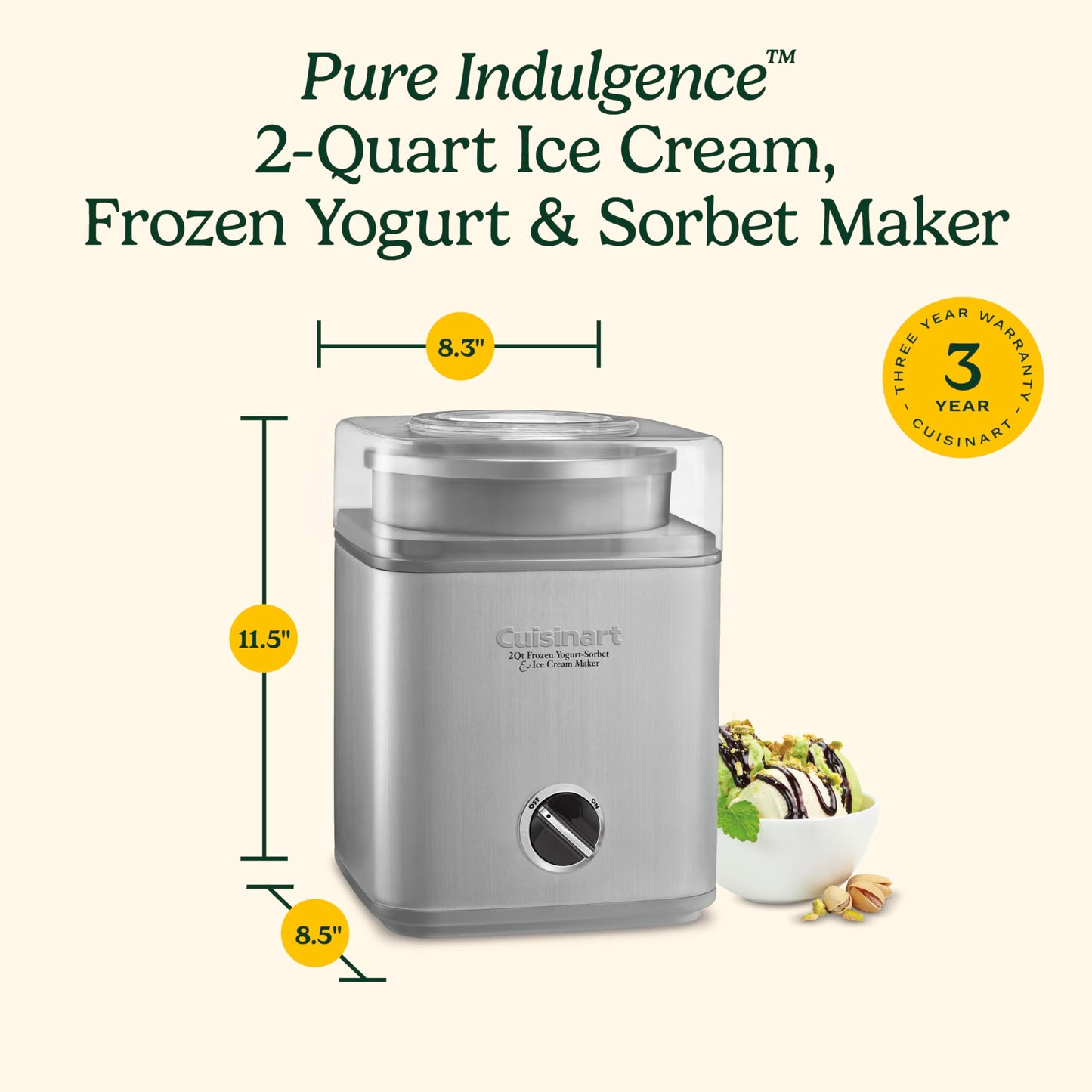 Cuisinart Ice Cream Maker Machine, 2-Quart Ice Cream, Sorbet and Frozen Yogurt Machine, Fully Automatic Double-Insulated Freezer Bowl Makes Frozen Desserts in Under 30 Minutes, ICE30BCP1, Silver