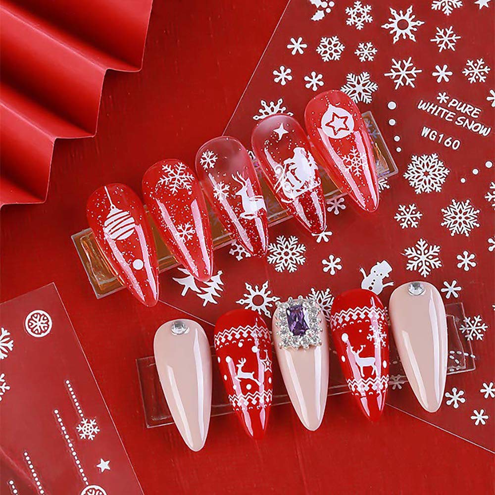 Christmas Nail Stickers - 3D White Self-Adhesive Snowflake Nail Art Decals Snowflakes Snowmen Santa Claus Elk Xmas Design Nail Stickers DIY Manicure Decorations for Women Girls Kids