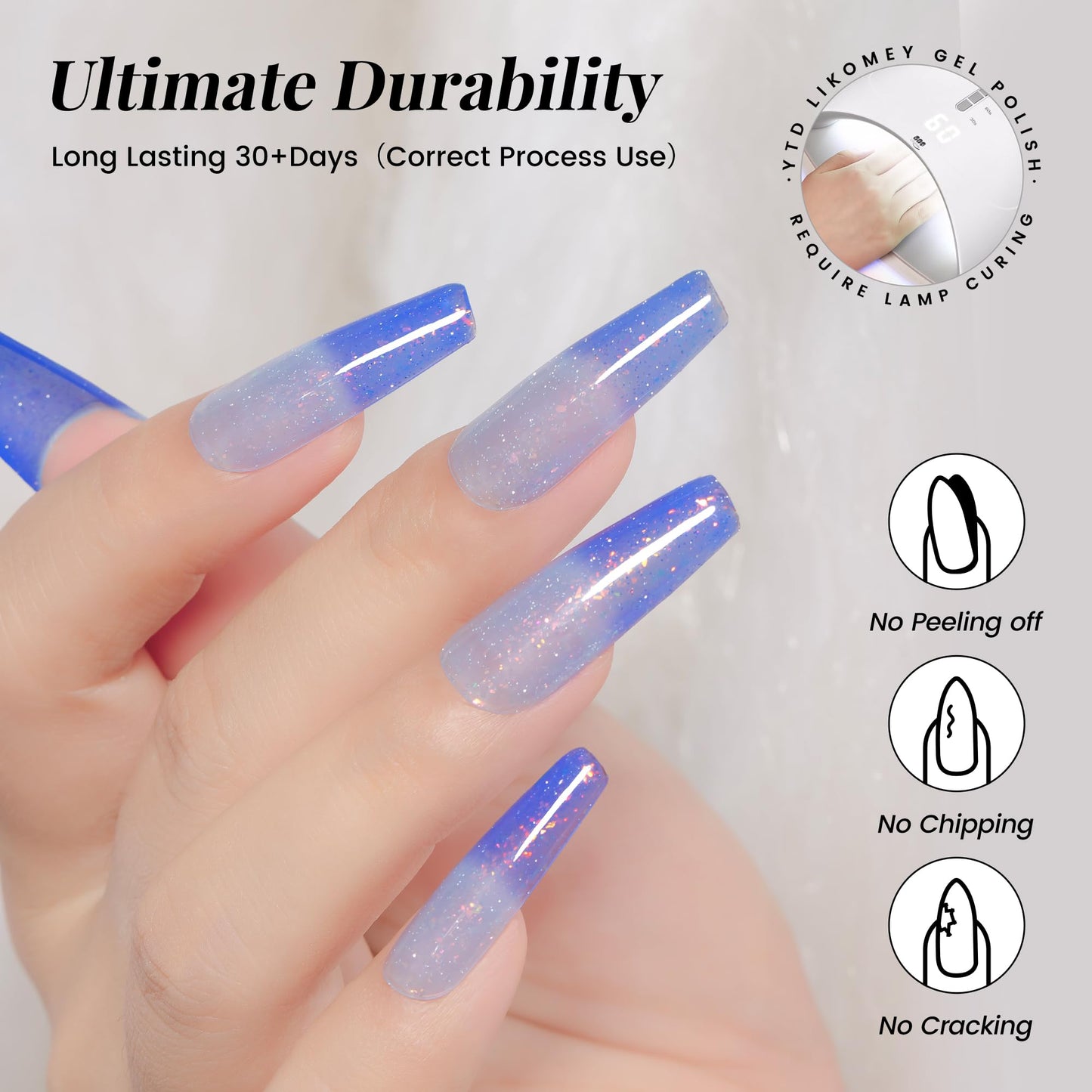 YTD Likomey Brocade Glitter Color Changing Gel Nail Polish,15ml Light Blue To Blue Shimmer Mood Temperature Change Colors Iridescent Flakes,Spring Summer Thermal Ombre UV Nail Gel,WB354