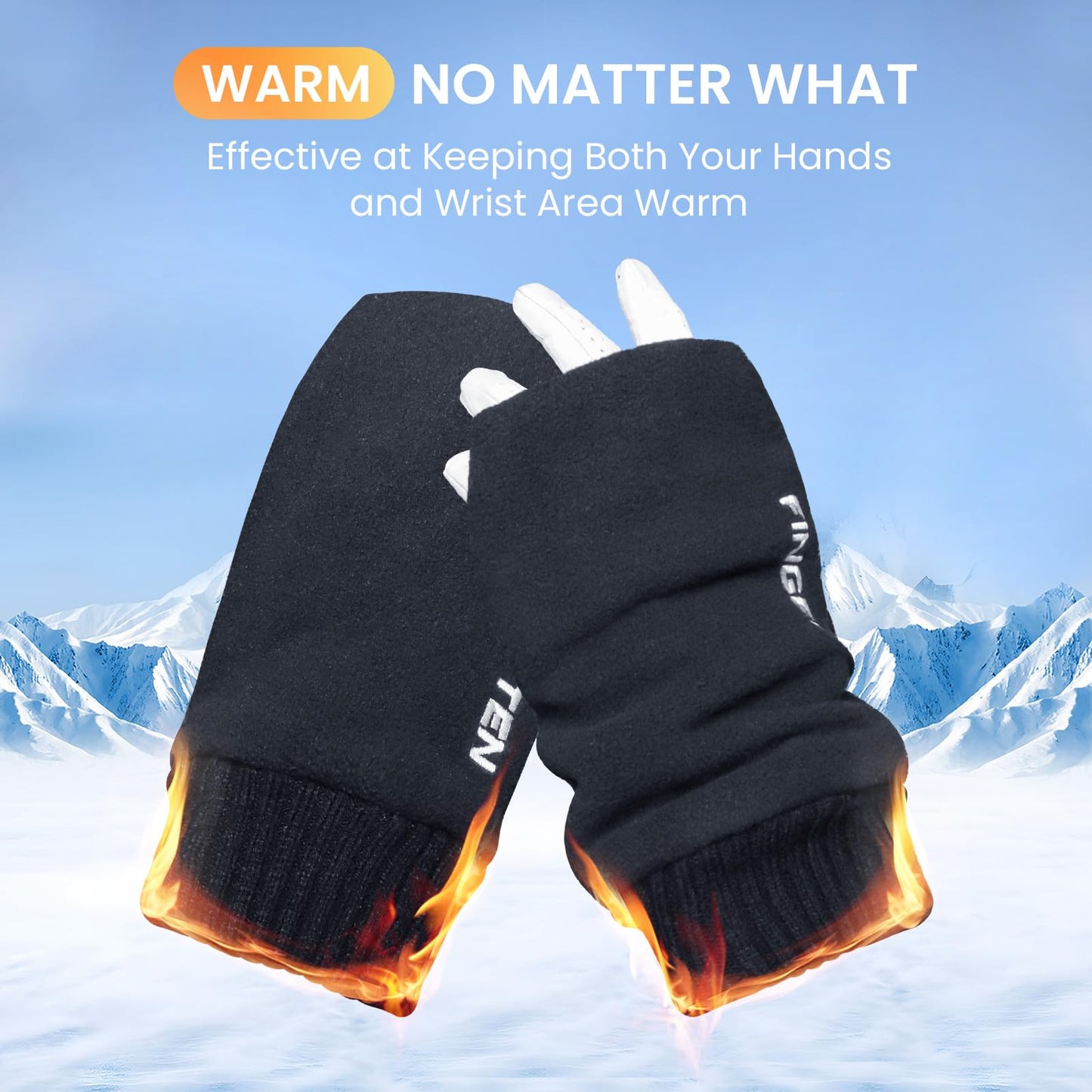 FINGER TEN Winter Golf Gloves Men Mitts Mitten Warm Fleece in Pair, Pull Up Fit Soft Comfortable Set (Upgraded Palm, Large)