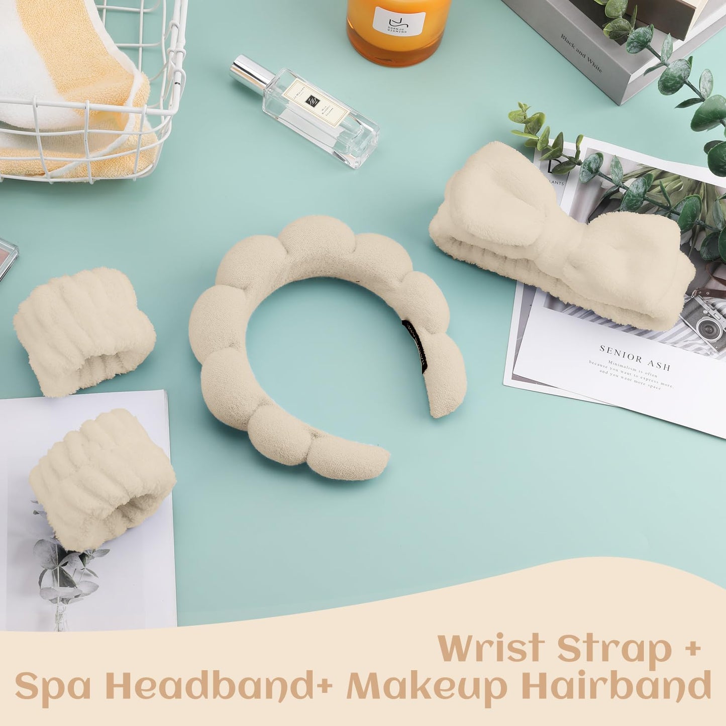 ATROCH SPA Headband for Women - Soft & Comfortable Makeup Head band for Face Wash - 4 Pcs Bubble Skincare Headbands & Wristband Set for Girls, Ideal for Washing Face, Makeup, and Skin Care Routine