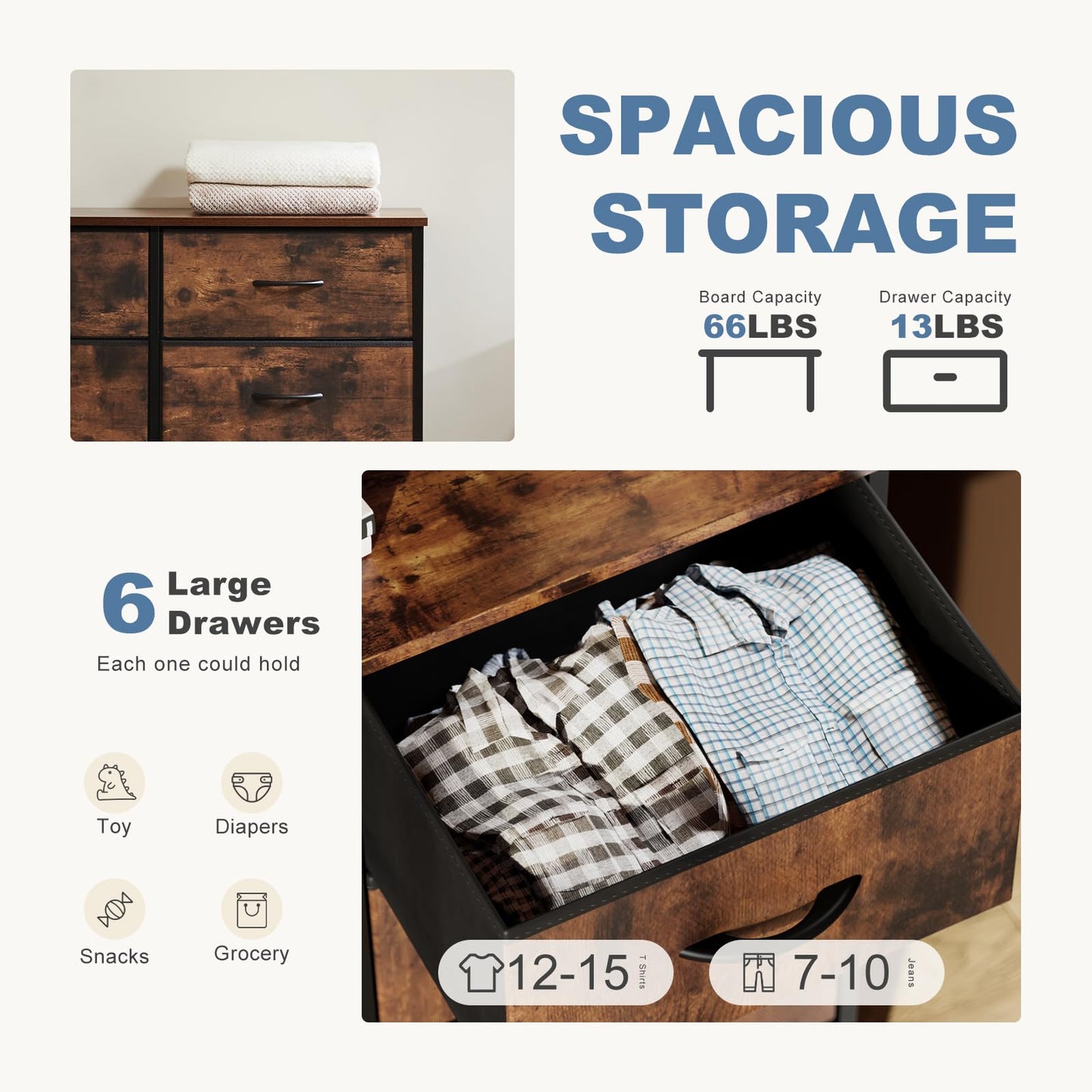 DUMOS TV Stand for Living Room Entertainment Center with 6 Fabric Drawers Dresser for Bedroom Storage Organizers Units, Brown