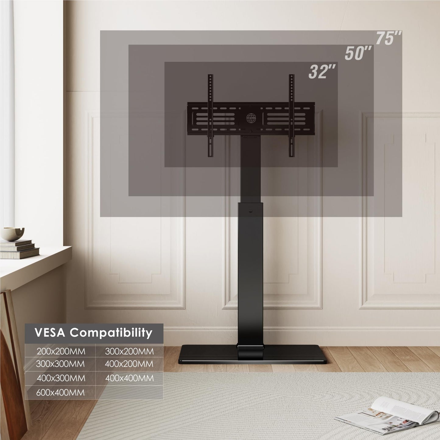 FITUEYES Swivel Floor TV Stand with Mount for TVs 37 43 50 55 60 65 70 75 Inch LCD LED Flat/Curved Screens Universal Swivel Televisions TV Mount Stand for Bedroom Living Room Black Tempered Glass Base