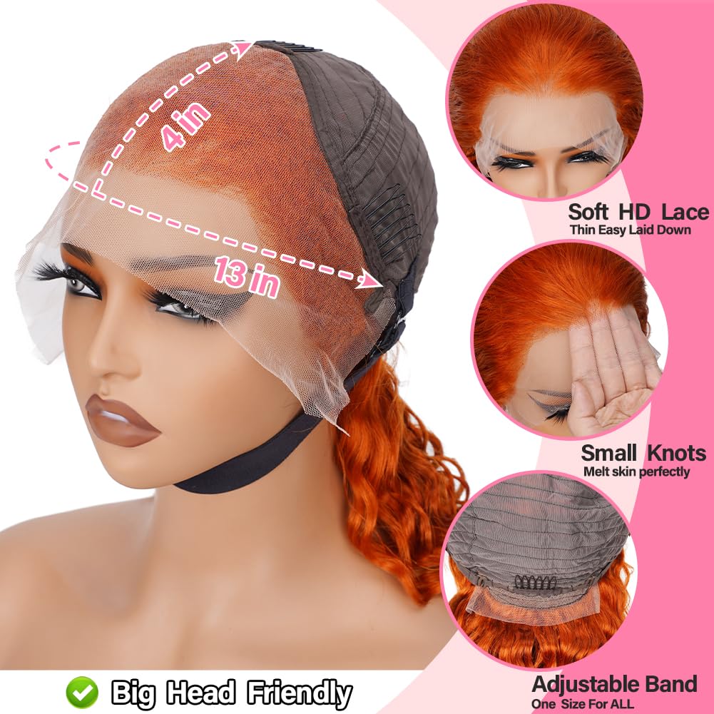 LRV 28 Inch Ginger Lace Front Deep Wave Wig Human Hair 13x4 HD Lace Frontal Curly Frontal Human Hair Ginger Wig For Women Pre Plucked 180 Density
