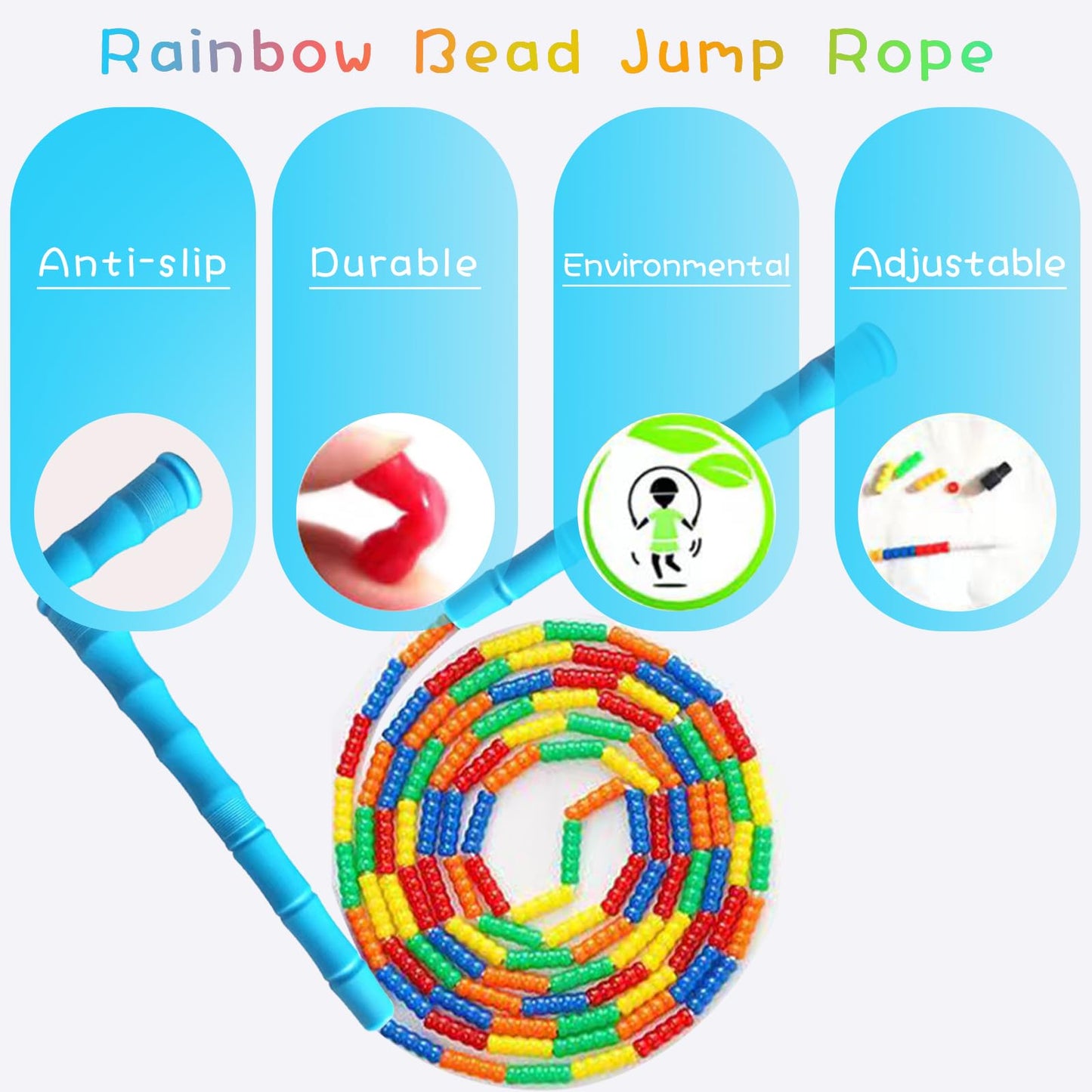 TYSISKNO Rainbow Soft Beaded Jump Ropes for Kids, Jump Rope for Kids Girls and Boys,Adjustable Skipping Rope, Tangle-Free Segmented Rope for Kid and Women Men Adults Exercise, Keeping Fit, Training -