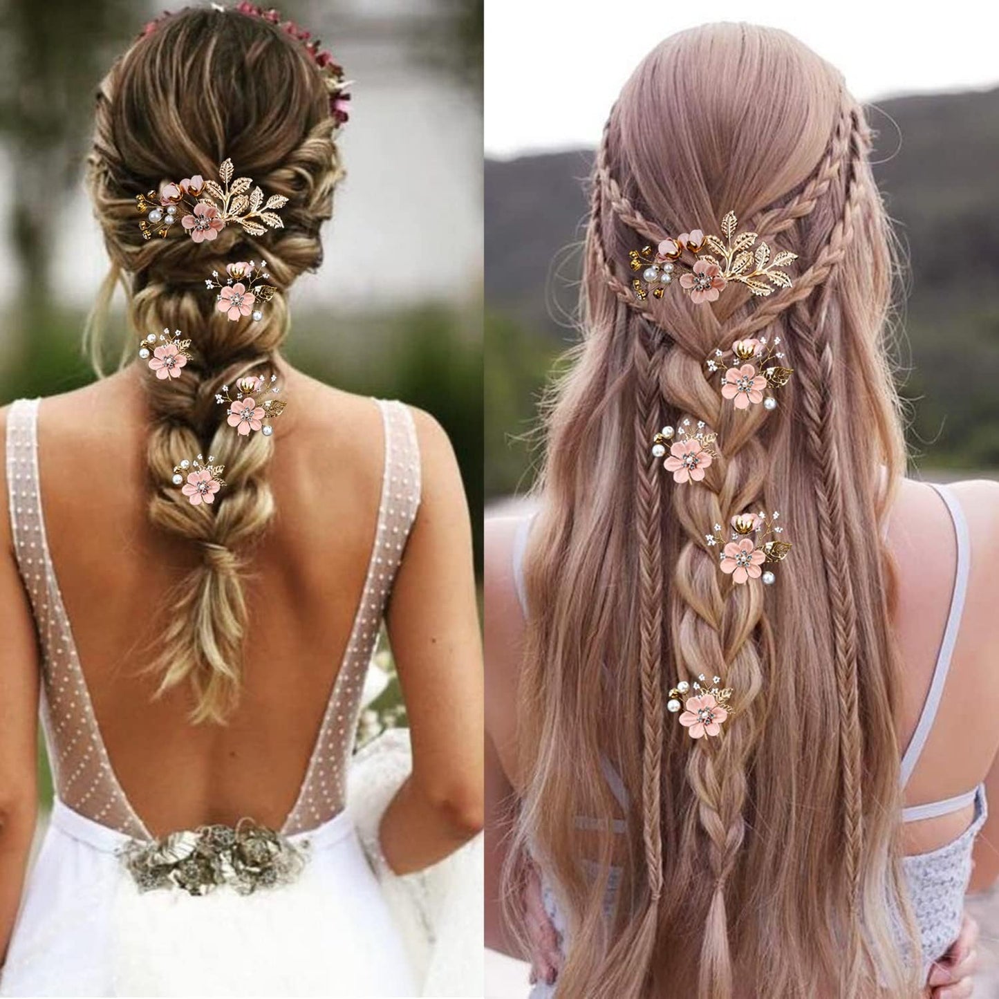 5 PCS Bridal Flower Wedding Hair Pins Crystal Pearl Hair Clips Headpiece Gold Wedding Hair Accessories Jewelry with Rhinestone for Brides Bridesmaids Women Girls Updo(Cherry Blossoms Pink)