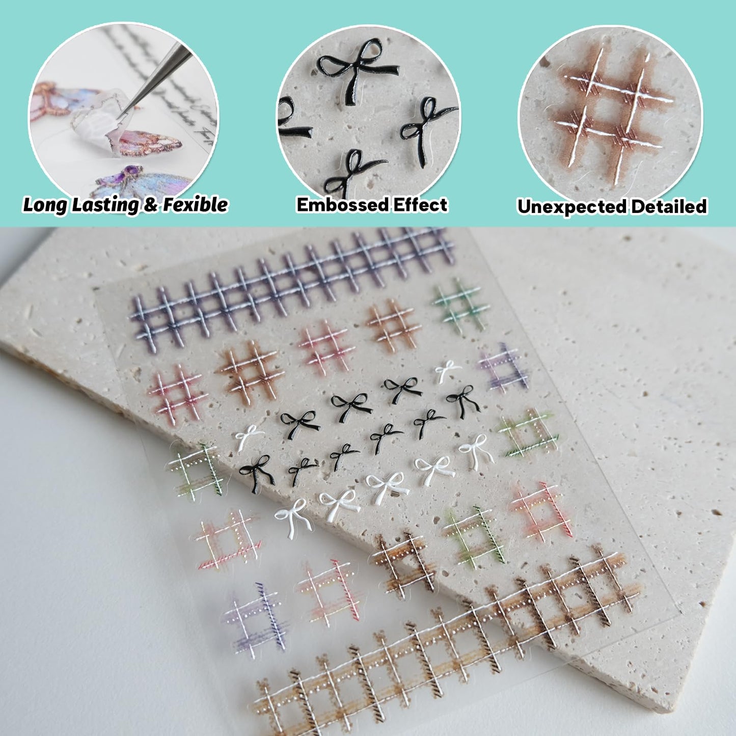 CESTSIREN Woolen Grid Bow Nail Art Stickers, Embossed Nail Decals,Elegant Cute Nail Art Design, Pearl, Self-Adhesive, Nail Accessories for Women, Nail Art Supplies