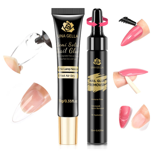 UNA GELLA No Lamp Need Semi Solid Nail Glue Gel 10ml and Nail Glue Remover 12ml Solid Gel Glue Kit for Press On Nails, Soak Off Glue Remover for Nails Quick Removal