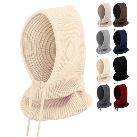 Peicees Hooded Scarf Hat Knit Balaclava for Women Men Winter Neck Gaiters Beanie Skull Cap Drawstring Neck Warmer Fashion
