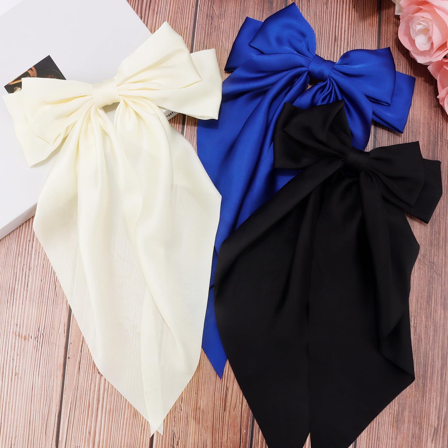 Velscrun Hair Accessories: 3Pcs Silky Satin Oversized Hair Bows and Barrettes in White, Black, and Dark Blue - Large Ribbons with Long Tails for Women and Girls