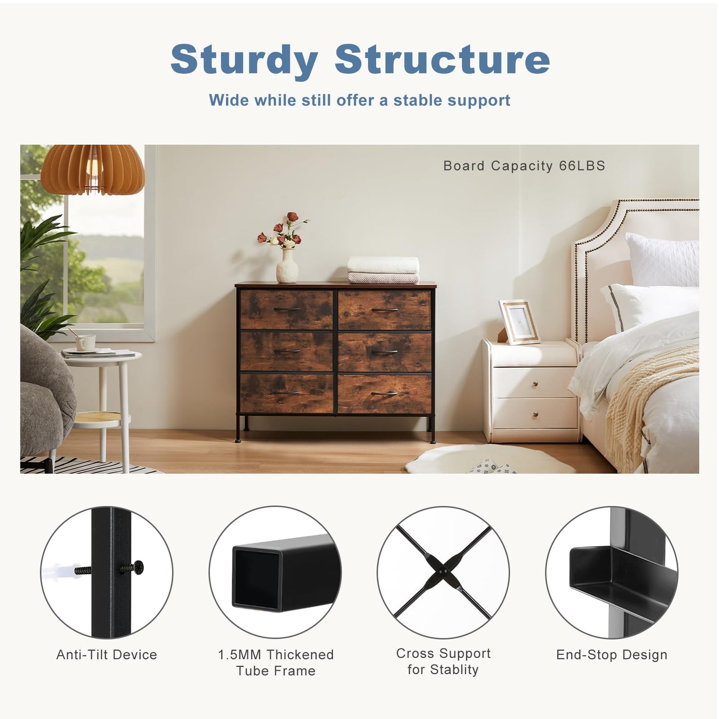 DUMOS TV Stand for Living Room Entertainment Center with 6 Fabric Drawers Dresser for Bedroom Storage Organizers Units, Brown