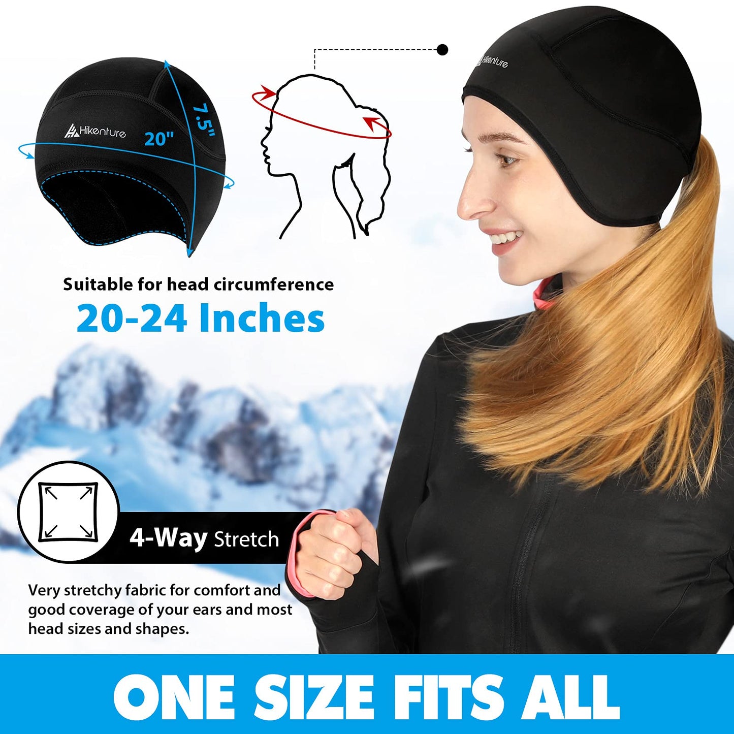 Hikenture Womens Skull Cap with Ponytail Hole, Winter Running Beanie Hat Cold Weather Thermal Cycling Cap Helmet Liner with Fleece for Skiing,Motorcycle,Hiking,Camping(Black)
