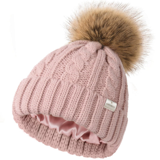YANIBEST Winter Hats for Women Satin Lined Knitted Beanie Hat Warm Soft Ski Cuff Cap with Pom Pom Pink