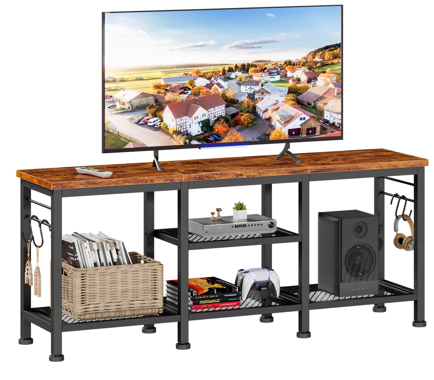 Furologee TV Stand for TVs up to 55 Inch, Entertainment Center with Open Storage Shelves, TV Media Console Table with Soundbar Shelf for Living Room, Bedroom, Rustic Brown