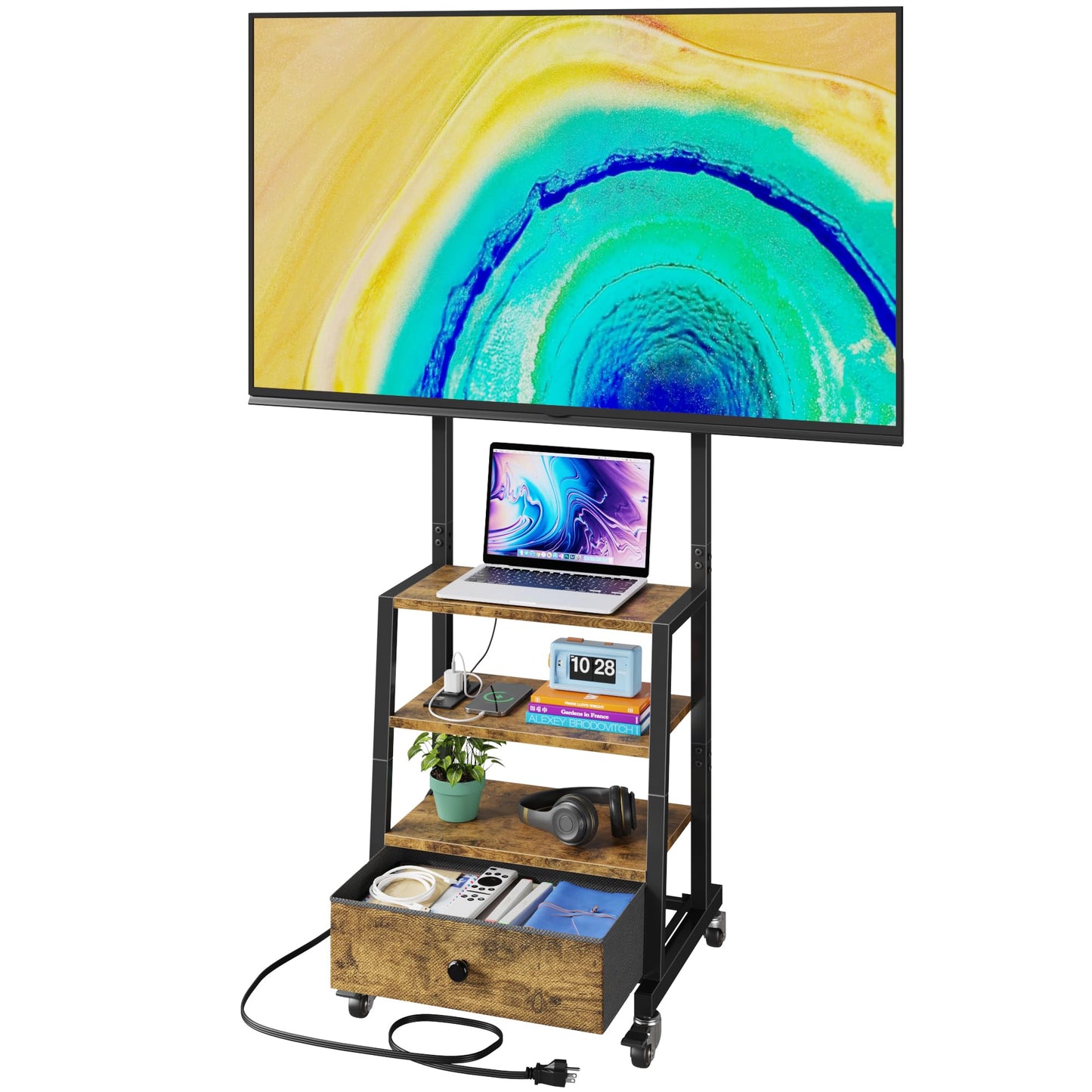 Rolling TV Stand with Wheels and Mount & Fabric Drawer - Entertainment Center with Power Outlet and Small TV Stand for Bedroom, Living Room - 15" Rustic Brown
