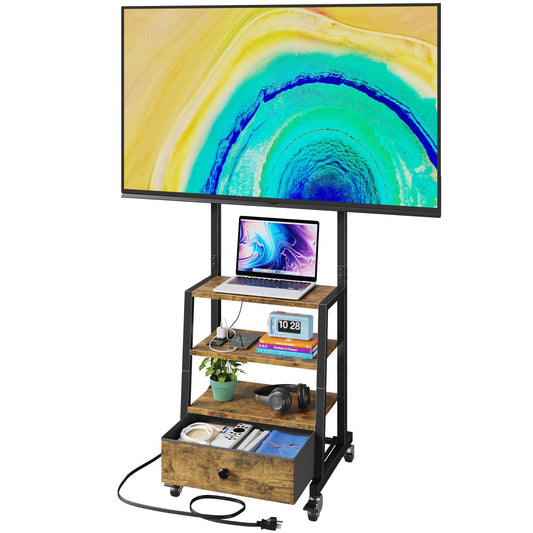 Rolling TV Stand with Wheels and Mount & Fabric Drawer - Entertainment Center with Power Outlet and Small TV Stand for Bedroom, Living Room - 15" Rustic Brown