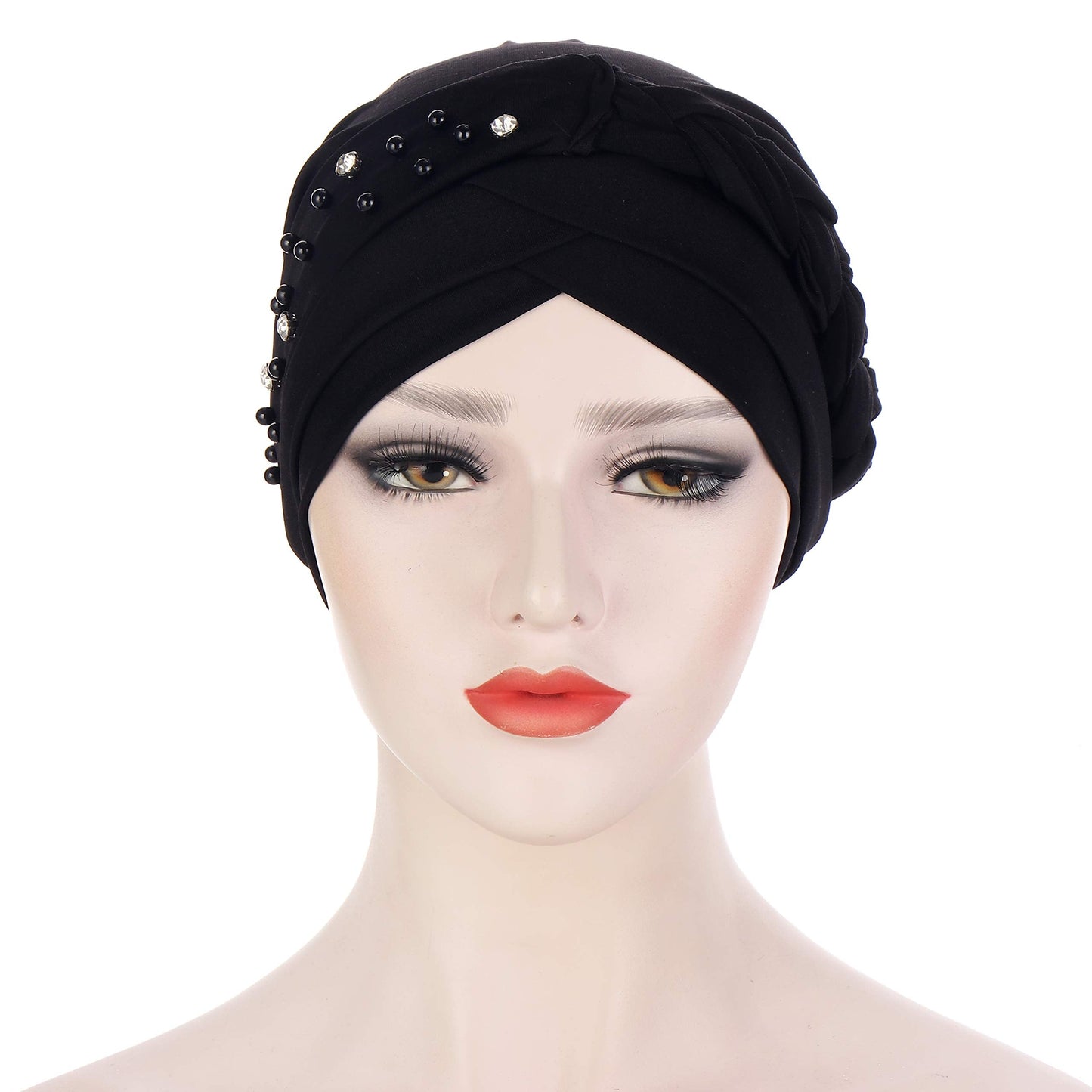 beauty YFJH Women Hijab Beading Pre-Tied Twisted Braid Turban Hat Head Scarf Cancer Chemo Beanies Headwear Headwrap Cap (Black)
