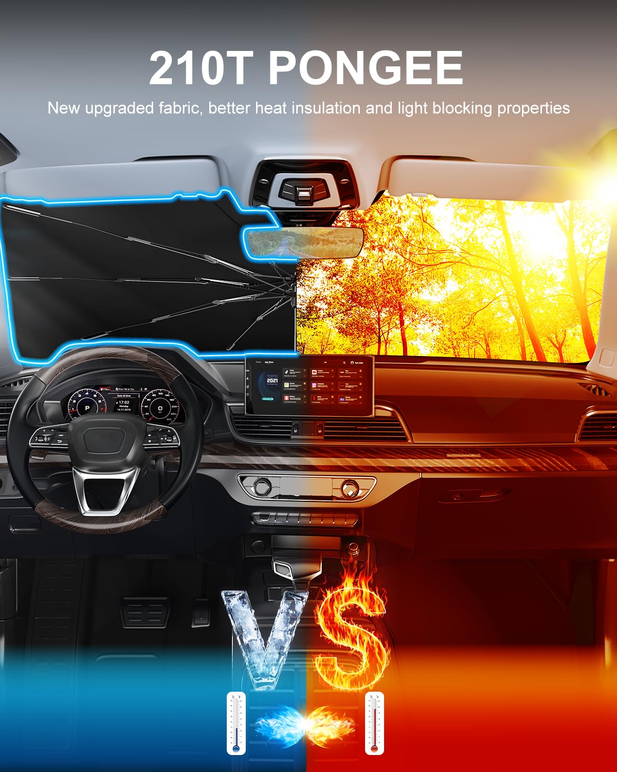 PEMOTech Car Windshield Sunshade Umbrella 10-Layer Nano UV Blocker [Heat Damage Keep Cool] & [Anti-Puncture System] Auto-Folding car Shades for Front Windows Umbrella for Sedan/SUV(61"x32"/155x81cm)