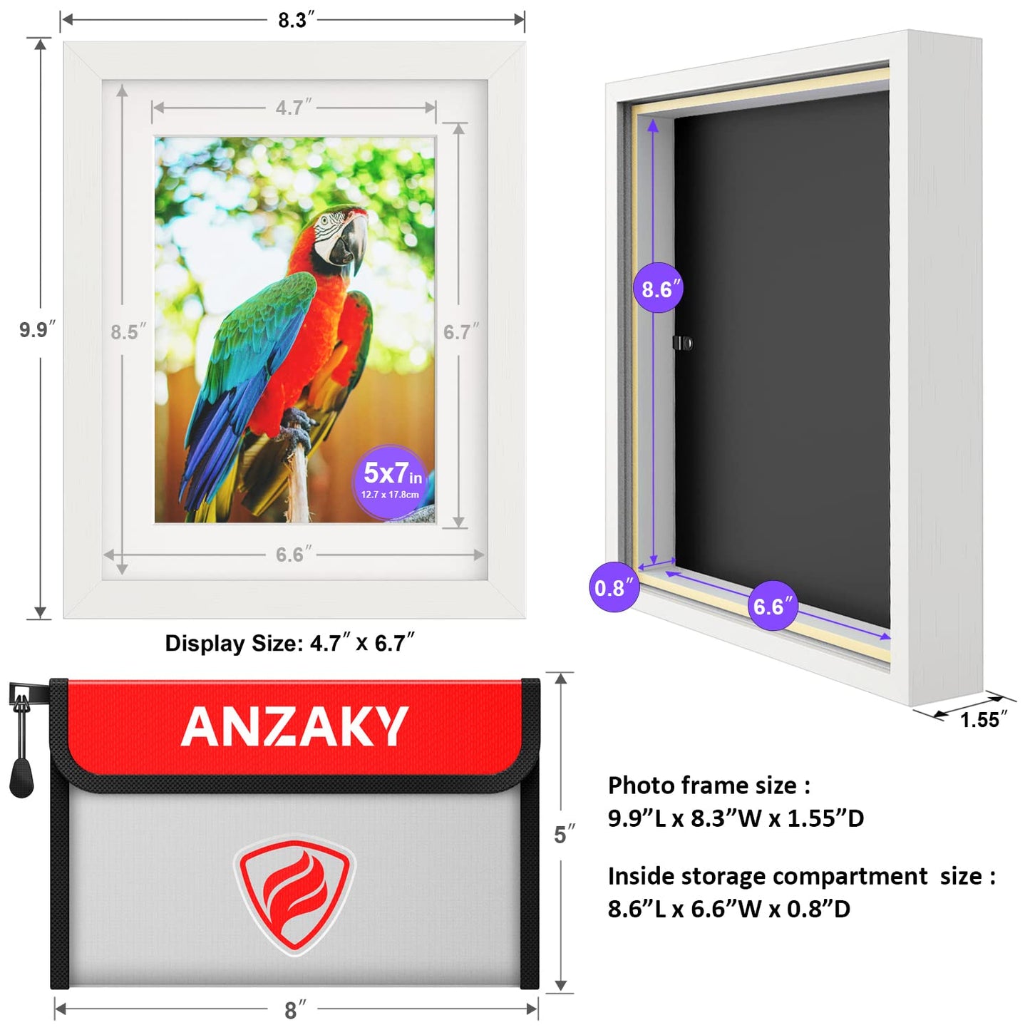 ANZAKY Photo Picture Frame Diversion Safe with Fireproof & Waterproof Money Bag, Valuable Storage, Home Security, Mini Box with Hidden Compartment to Shield your Money, Cash, White 5"x7"
