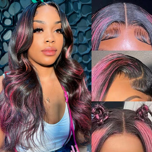 Avolo Highlight Lace Front Wig Human Hair 13x4 1B/Pink Ombre Lace Front Wig Human Hair Colored 180% Density Body Wave HD Lace Frontal Wigs Human Hair 26 Inch Skunk Stripe Ombre Pink Wig Human Hair