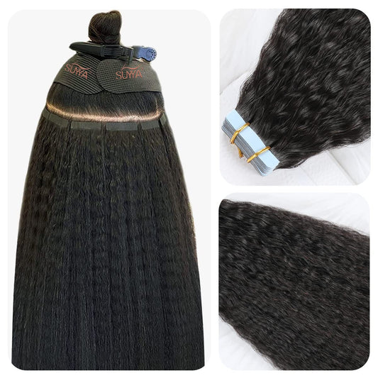 SUYYA Tape in Hair Extensions Human Hair Kinky Straight Tape in Extensions Natural Black 14 Inch Skin Weft 40g/Pack 20PCS Tape INS for Women (#1B Natural Black)
