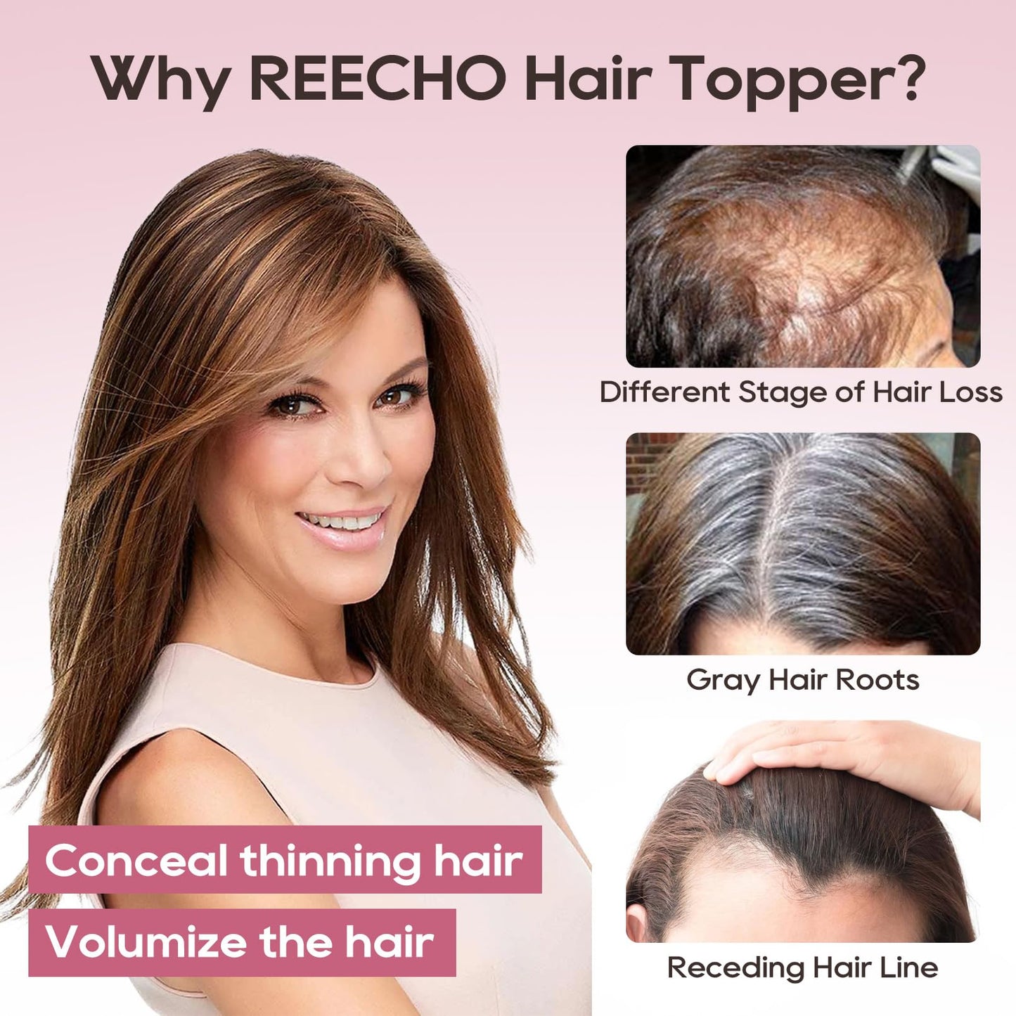 REECHO Real Human Hair Topper, 10 inch Women Hair Toppers for Thinning Hair, 100 Percent Human Hair Large Coverage Natural Hairpiece Wiglet, Standard Base 3.5"x2", Yellow White with Black Strands